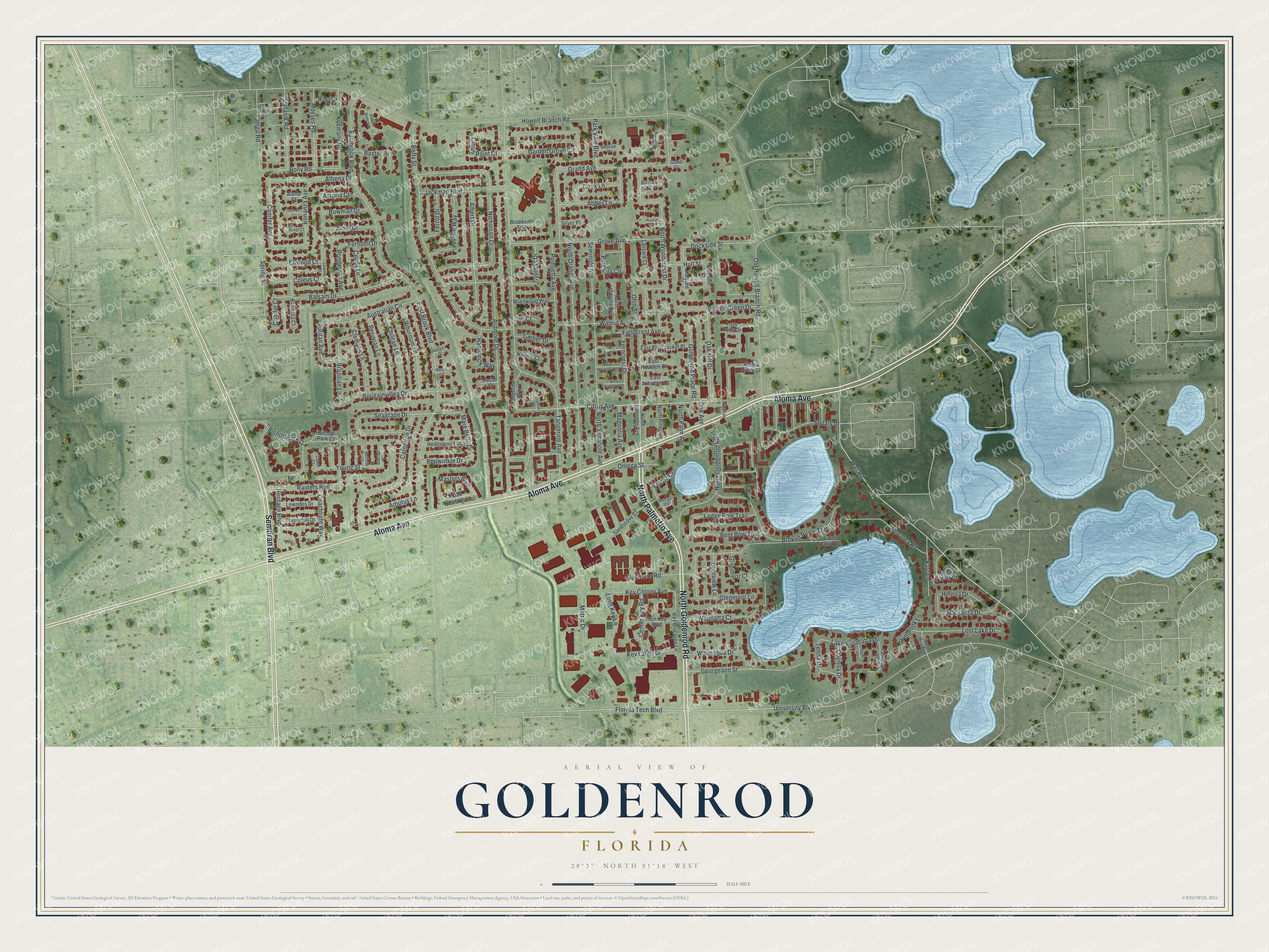 Full map of Goldenrod, Florida, with red buildings, printed street names and the land around them