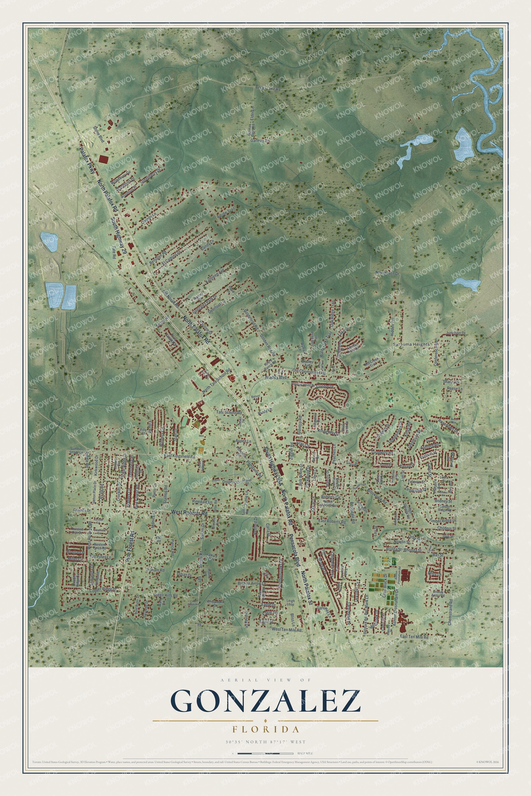 Full map of Gonzalez, Florida, with red buildings, printed street names and the land around them