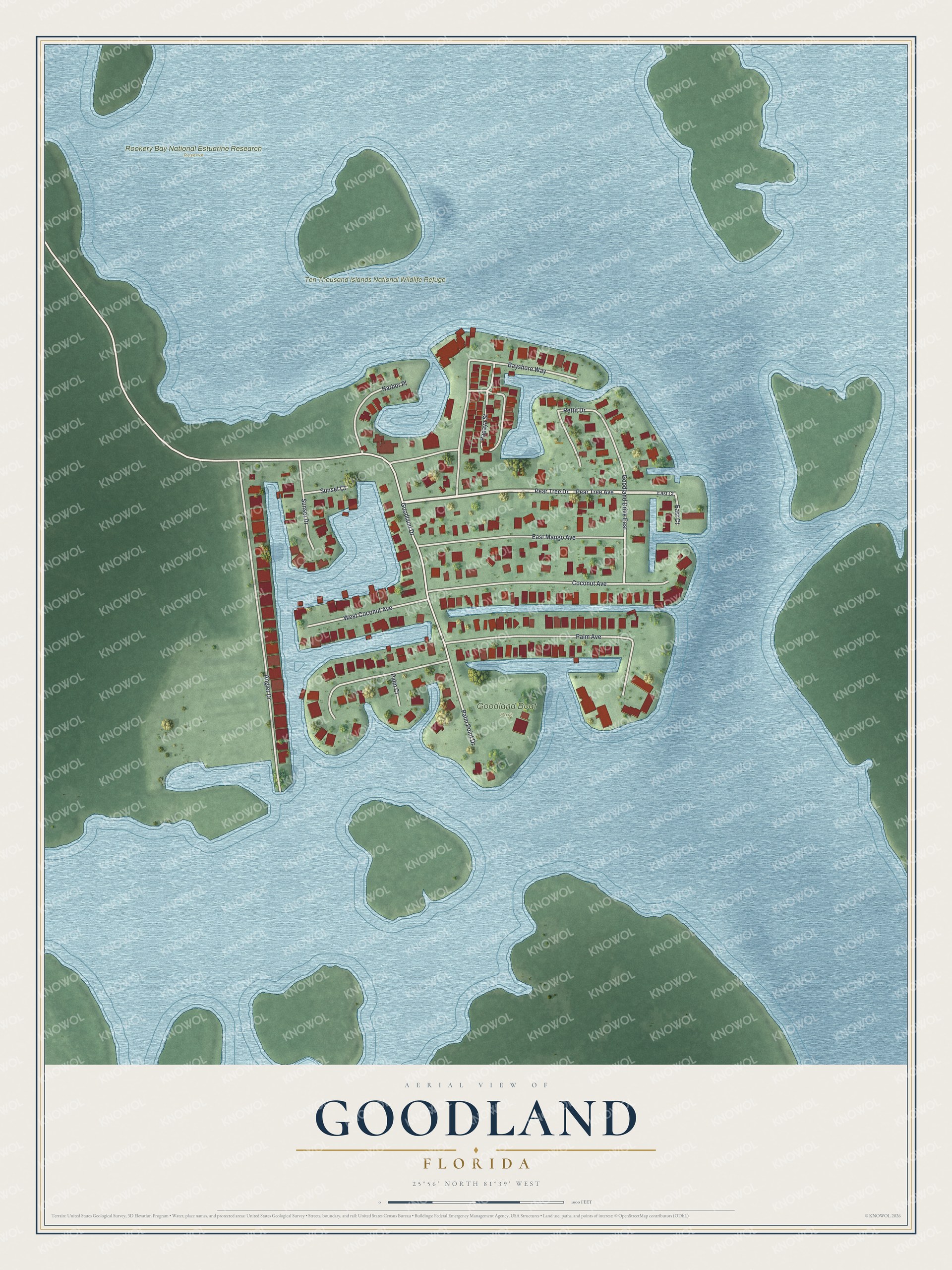 Full map of Goodland, Florida, with red buildings, printed street names and the land around them