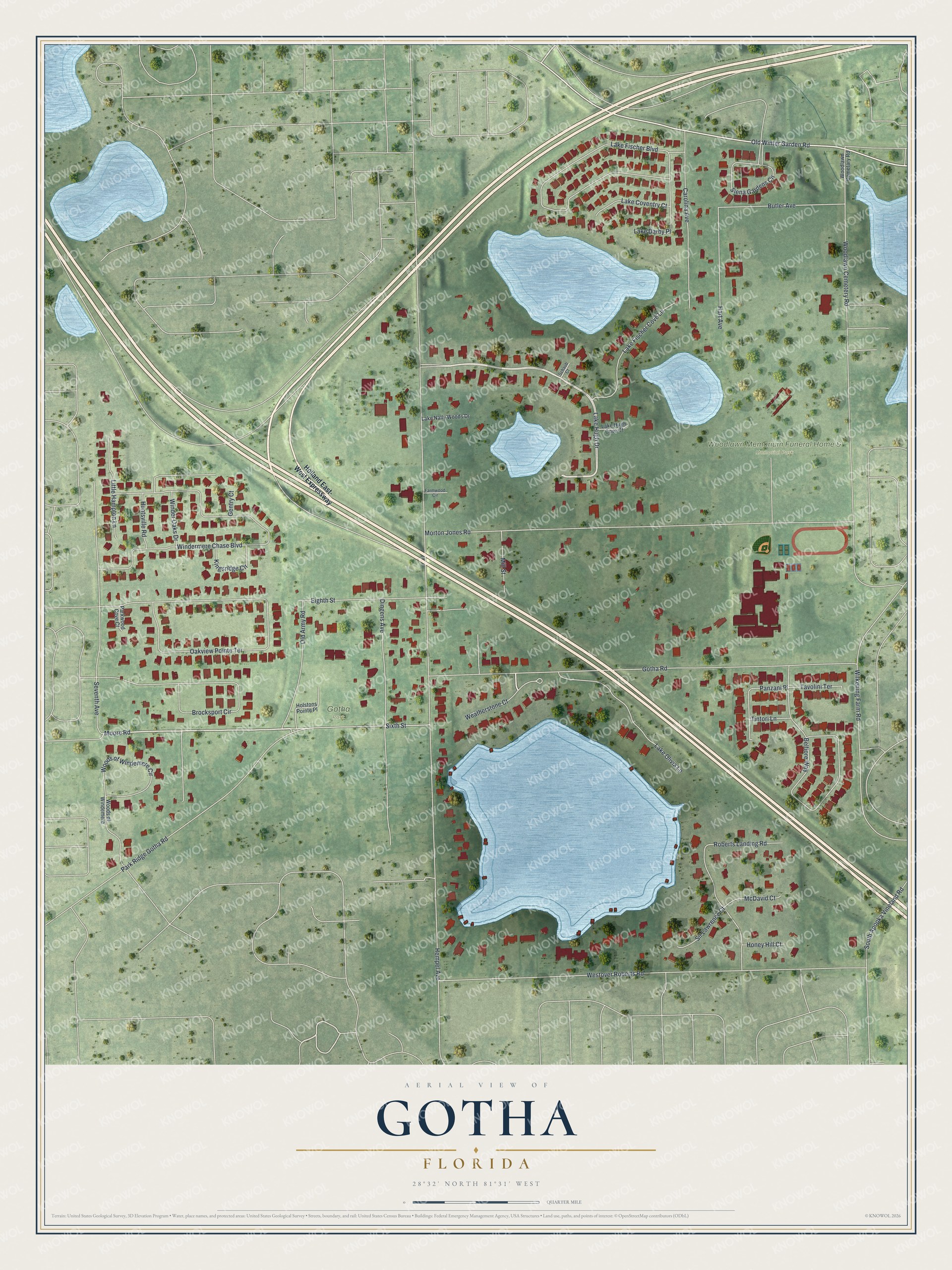 Full map of Gotha, Florida, with red buildings, printed street names and the land around them
