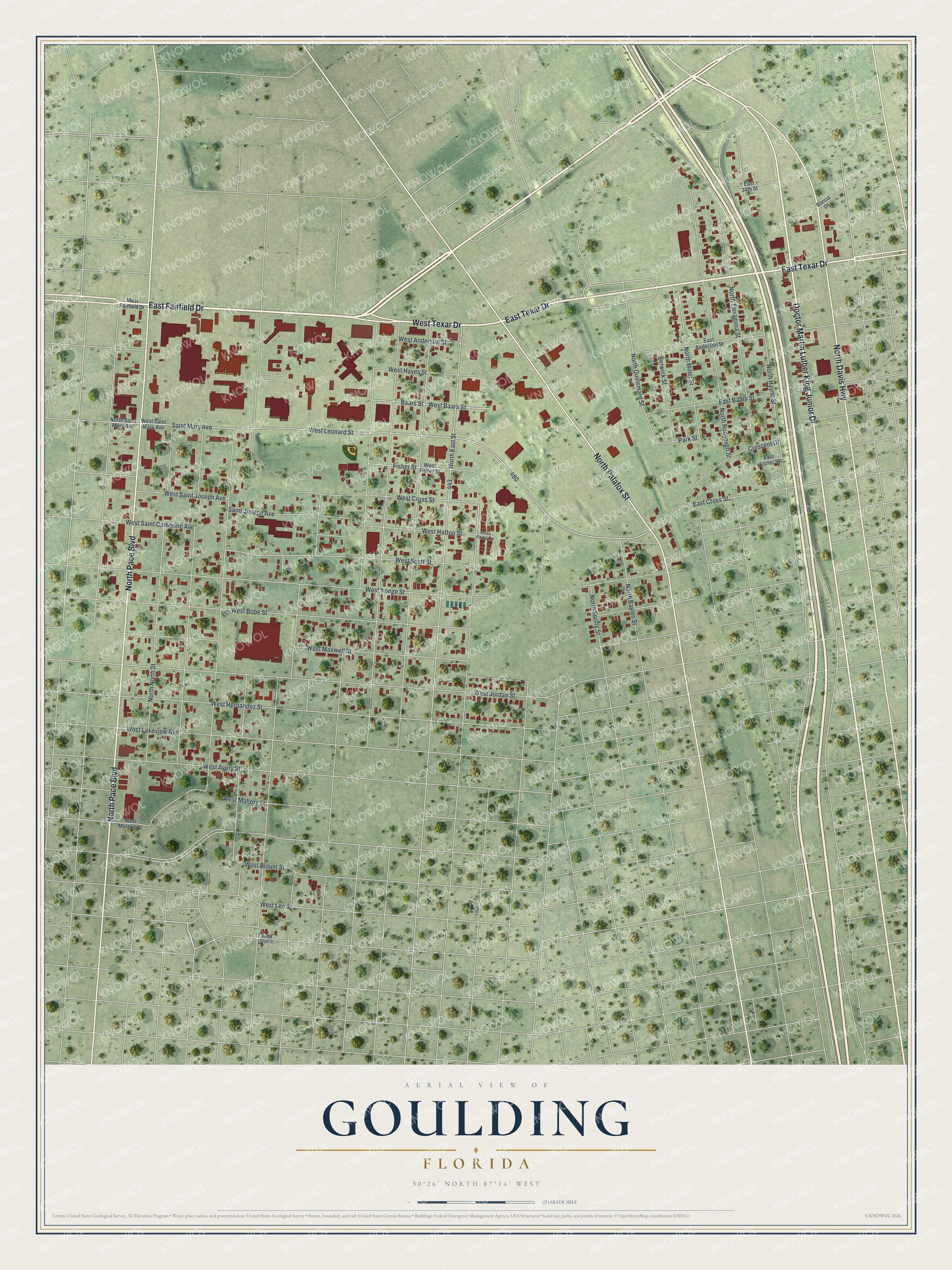 Full map of Goulding, Florida, with red buildings, printed street names and the land around them