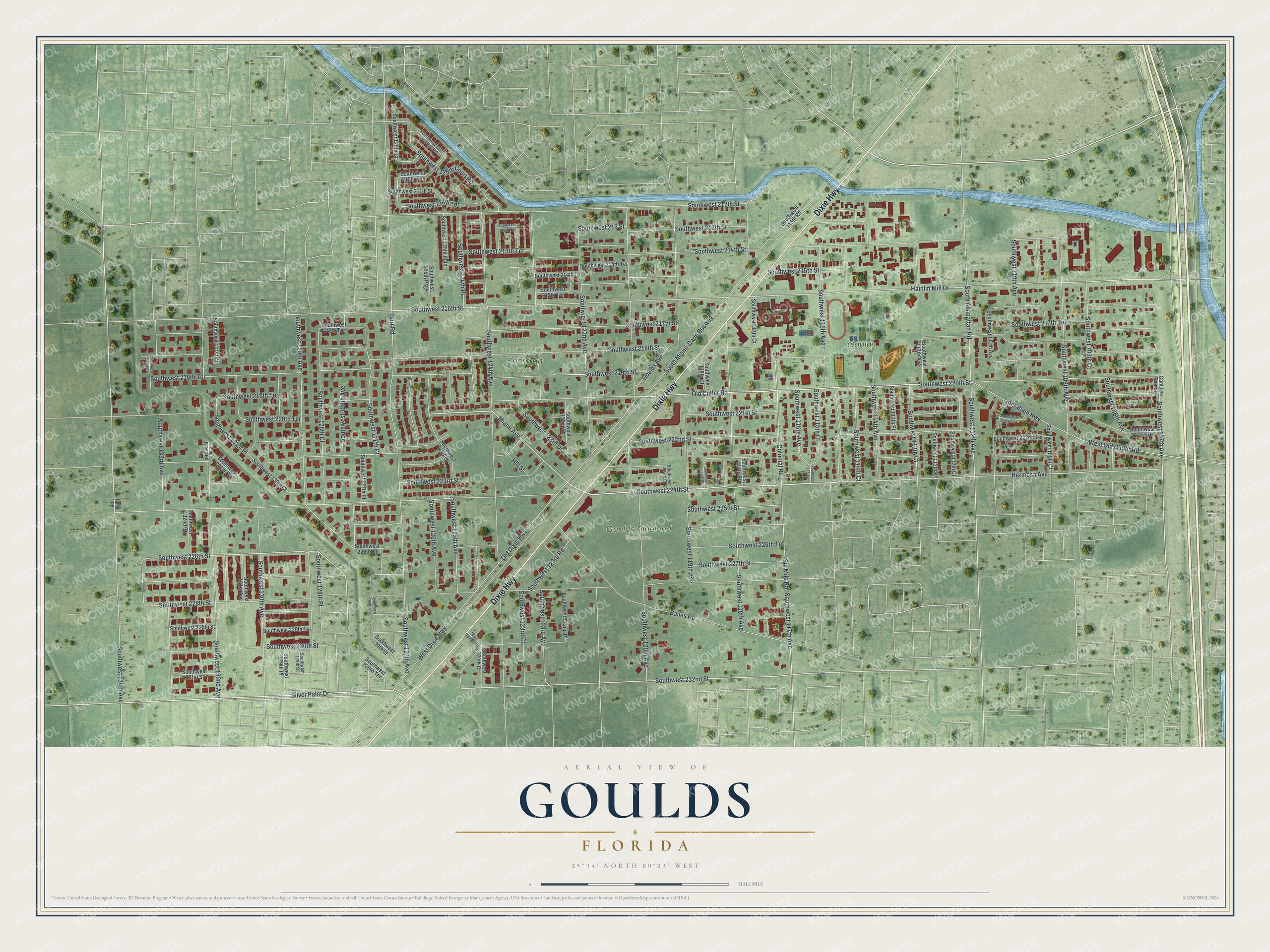 Full map of Goulds, Florida, with red buildings, printed street names and the land around them