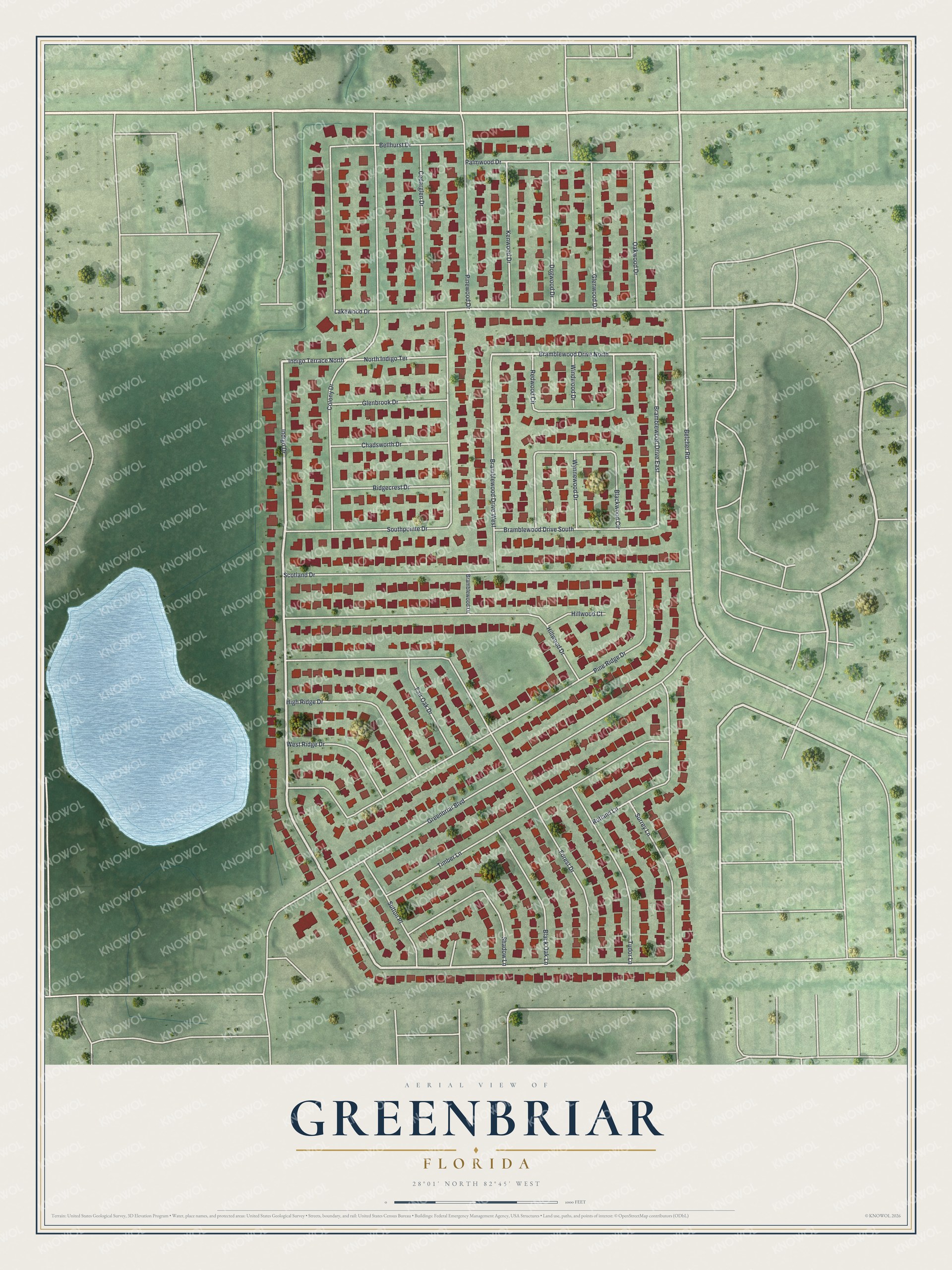 Full map of Greenbriar, Florida, with red buildings, printed street names and the land around them
