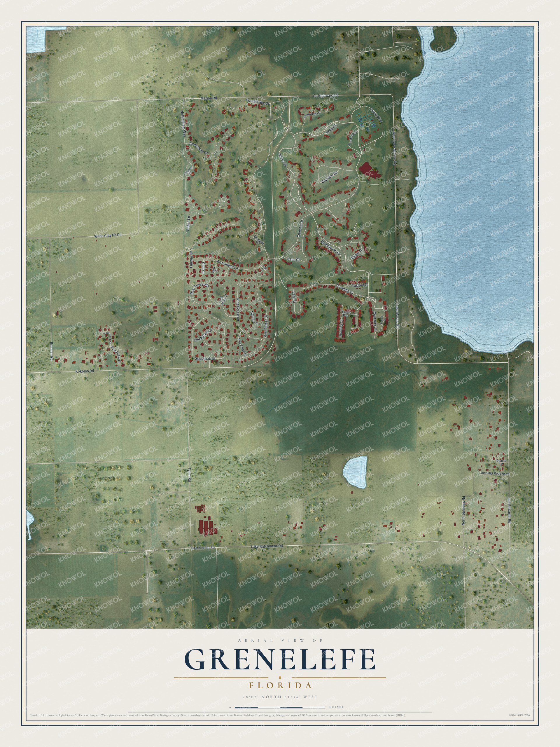 Full map of Grenelefe, Florida, with red buildings, printed street names and the land around them