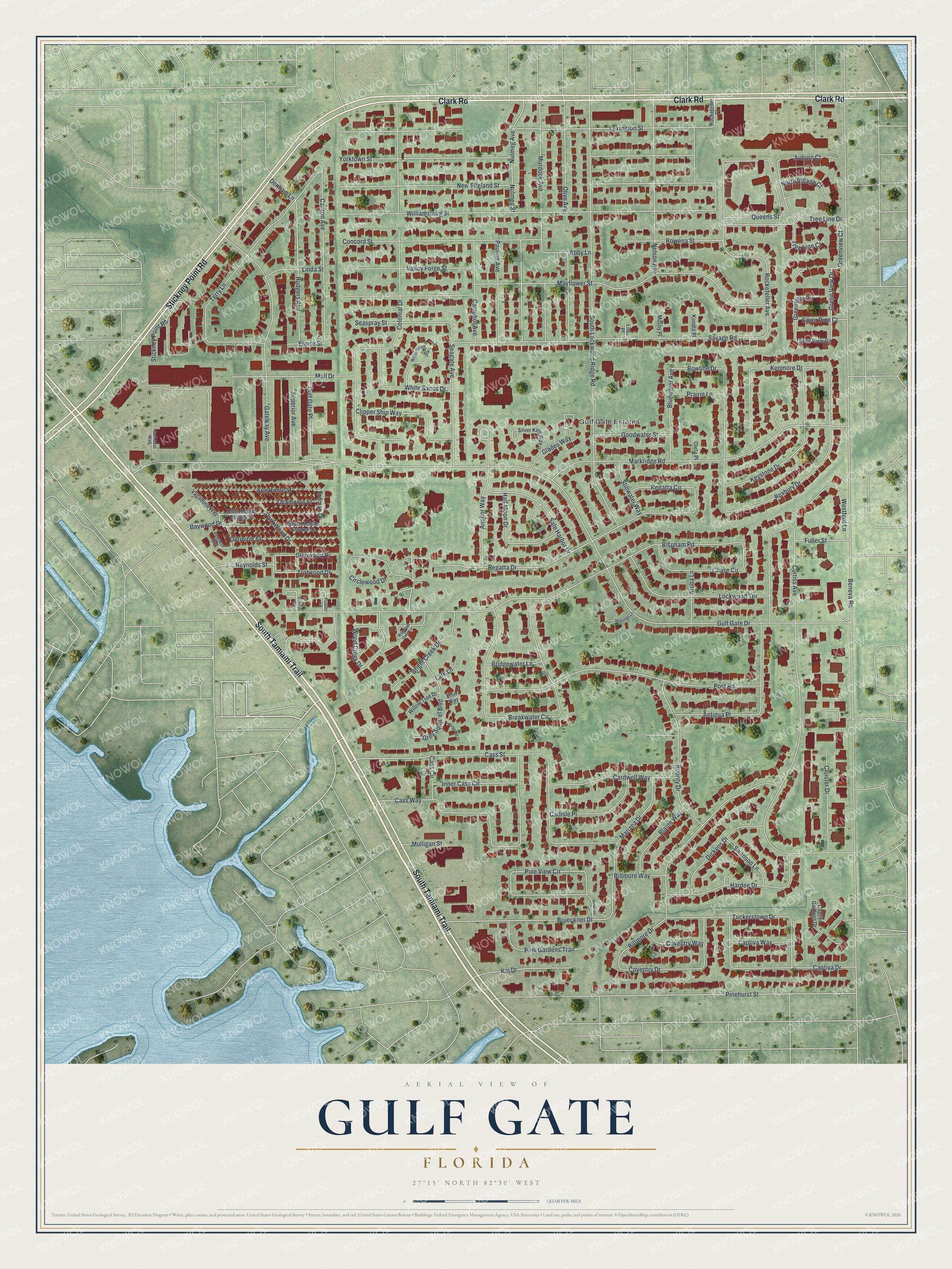 Full map of Gulf Gate, Florida, with red buildings, printed street names and the land around them