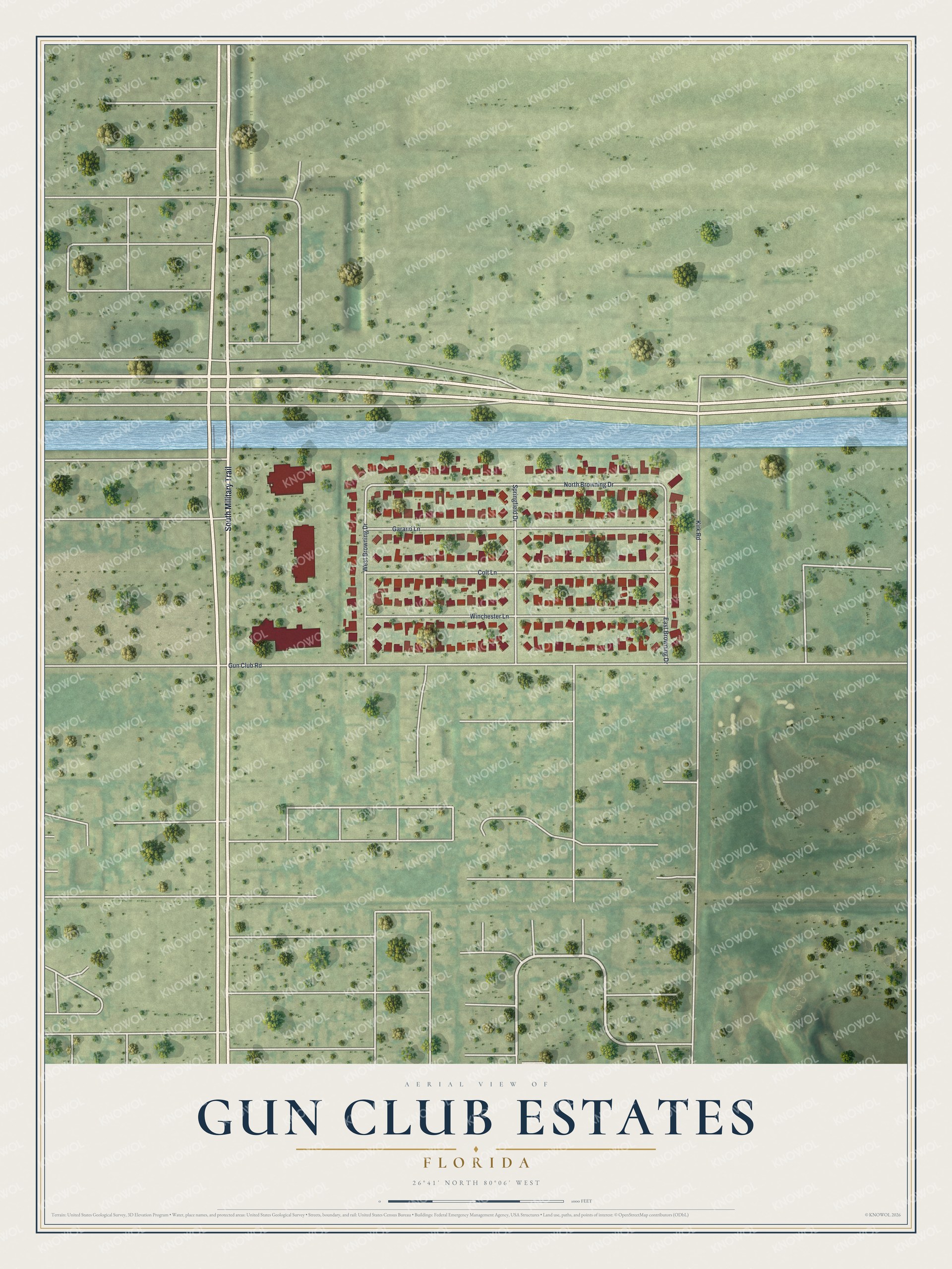 Full map of Gun Club Estates, Florida, with red buildings, printed street names and the land around them