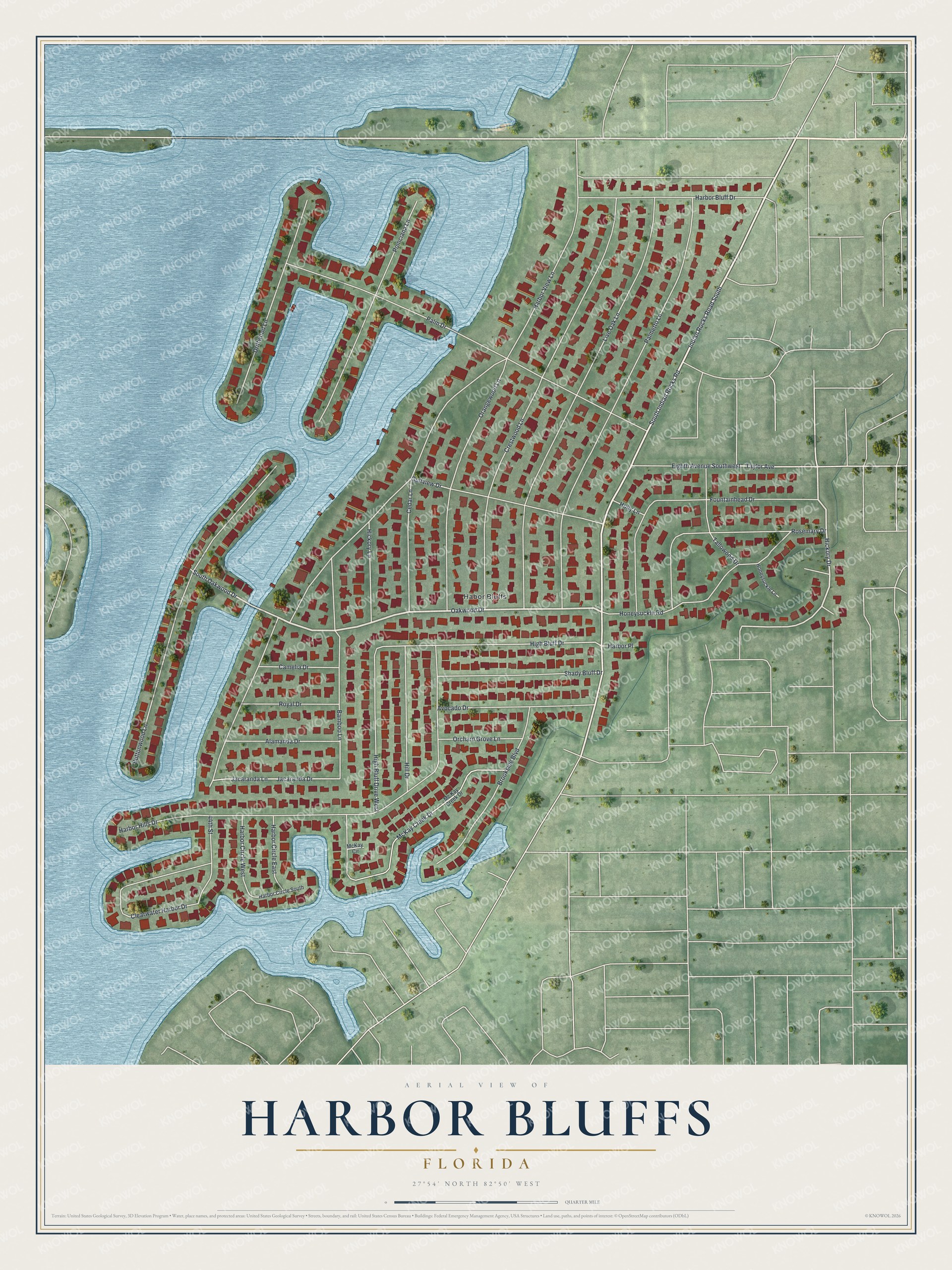 Full map of Harbor Bluffs, Florida, with red buildings, printed street names and the land around them