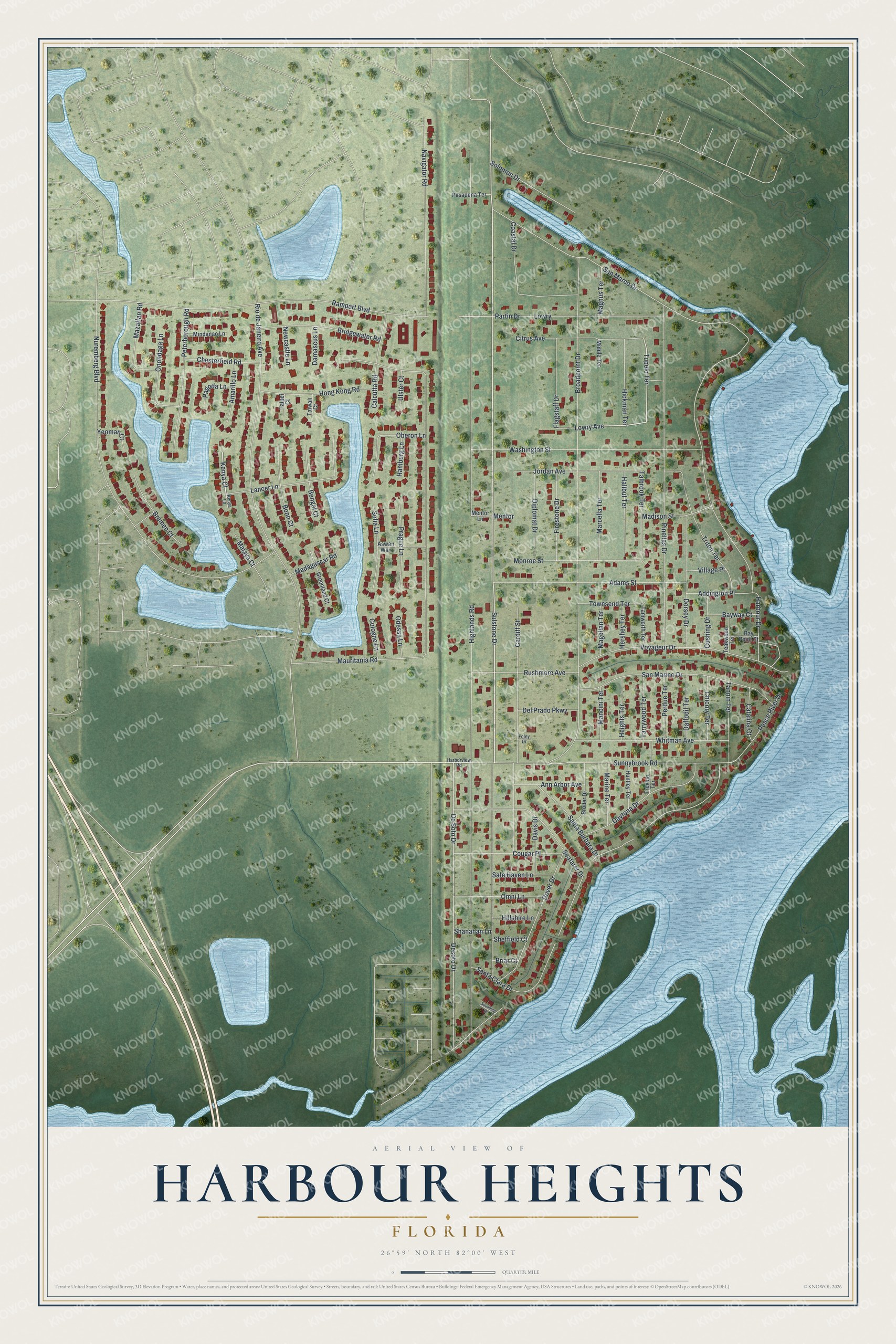 Full map of Harbour Heights, Florida, with red buildings, printed street names and the land around them