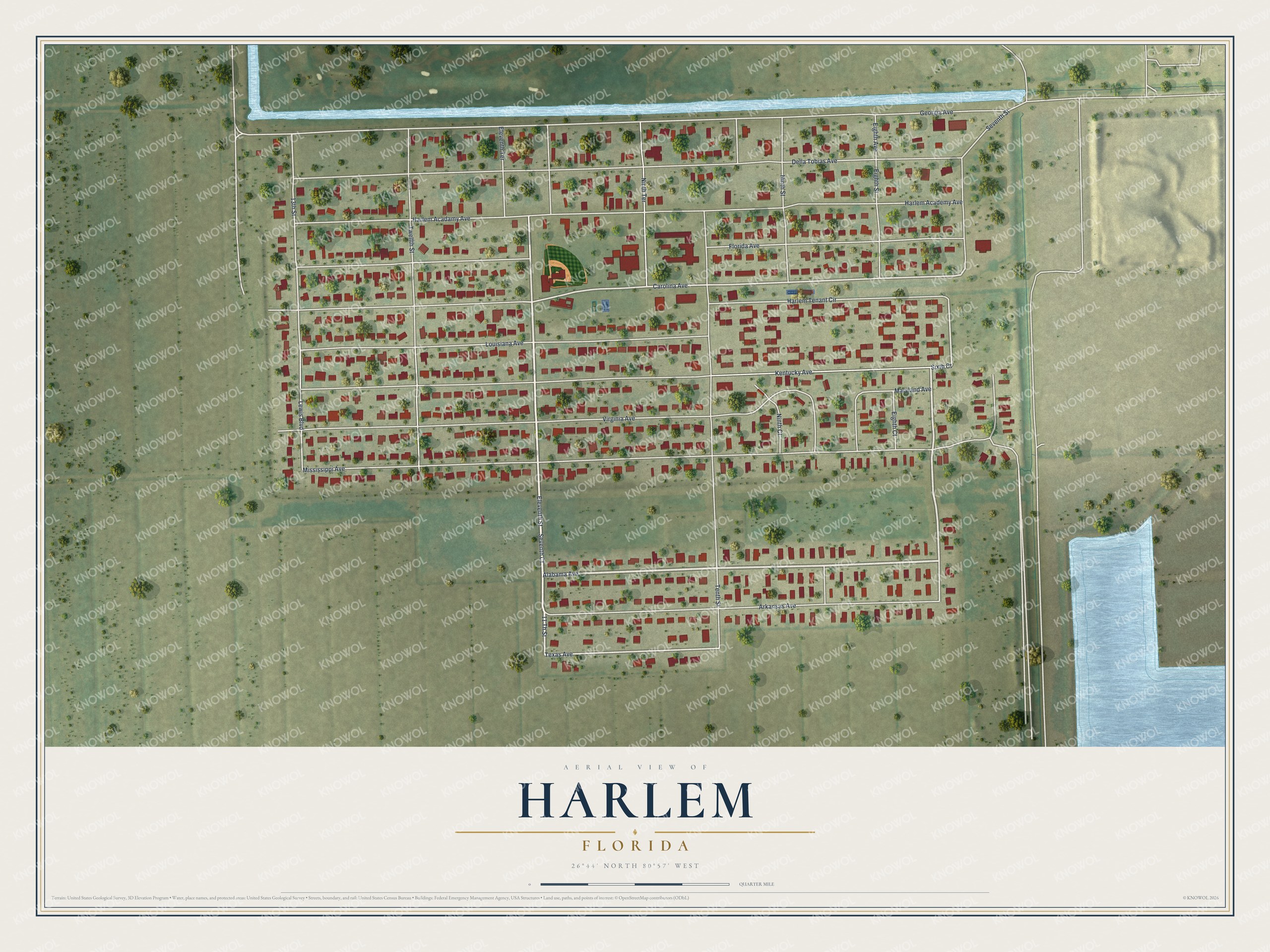 Full map of Harlem, Florida, with red buildings, printed street names and the land around them