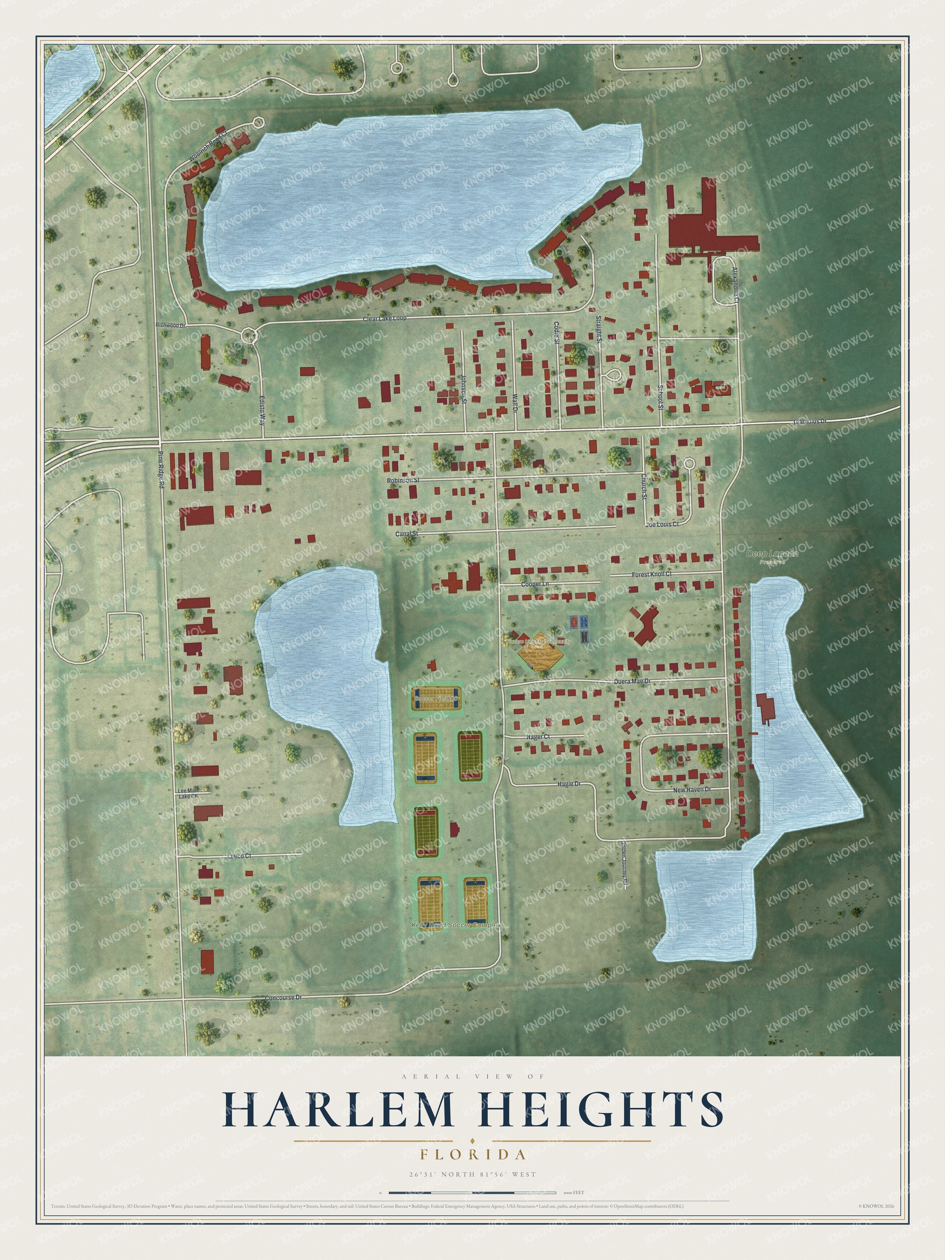 Full map of Harlem Heights, Florida, with red buildings, printed street names and the land around them
