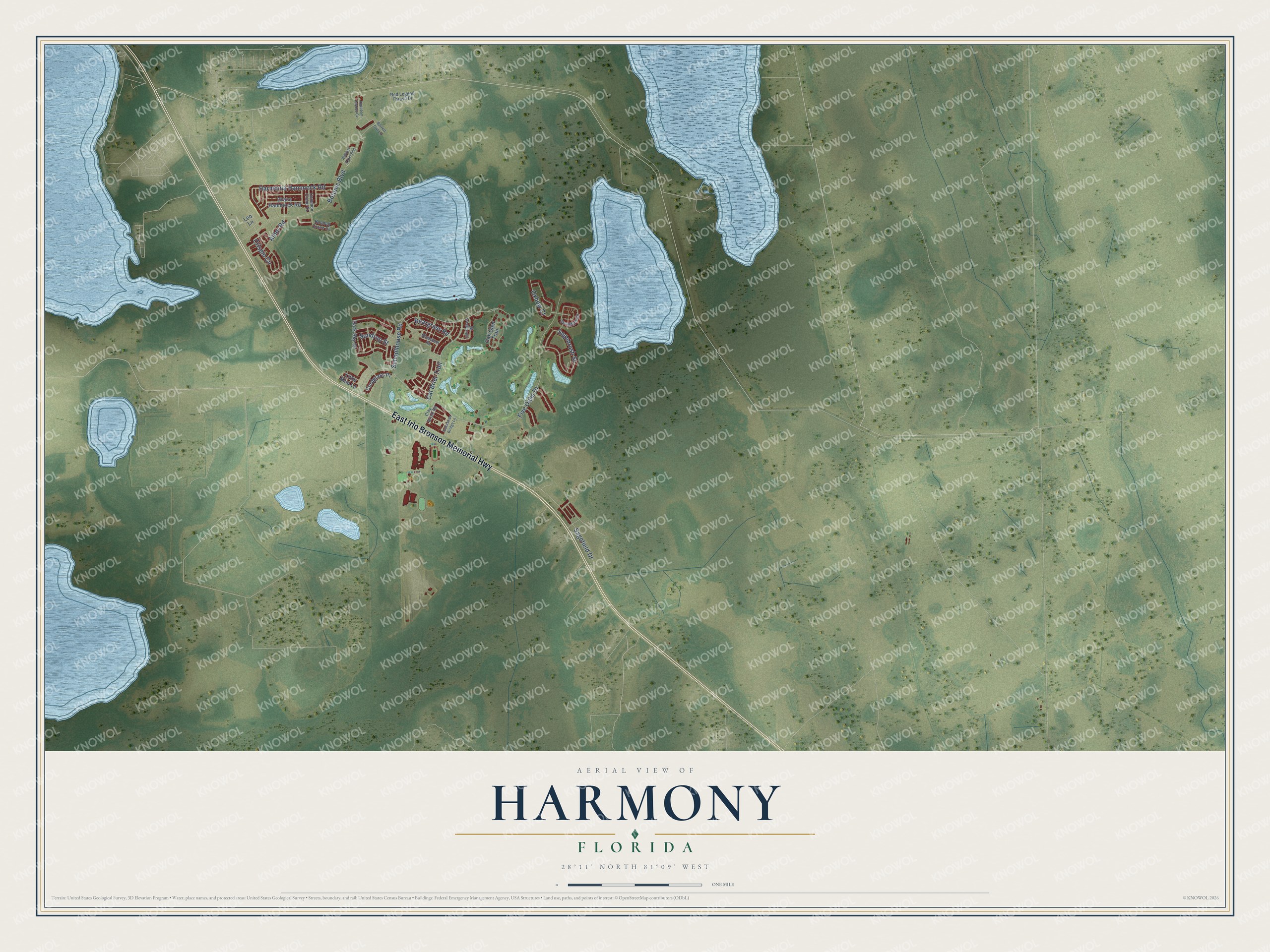 Full map of Harmony, Florida, with red buildings, printed street names and the land around them
