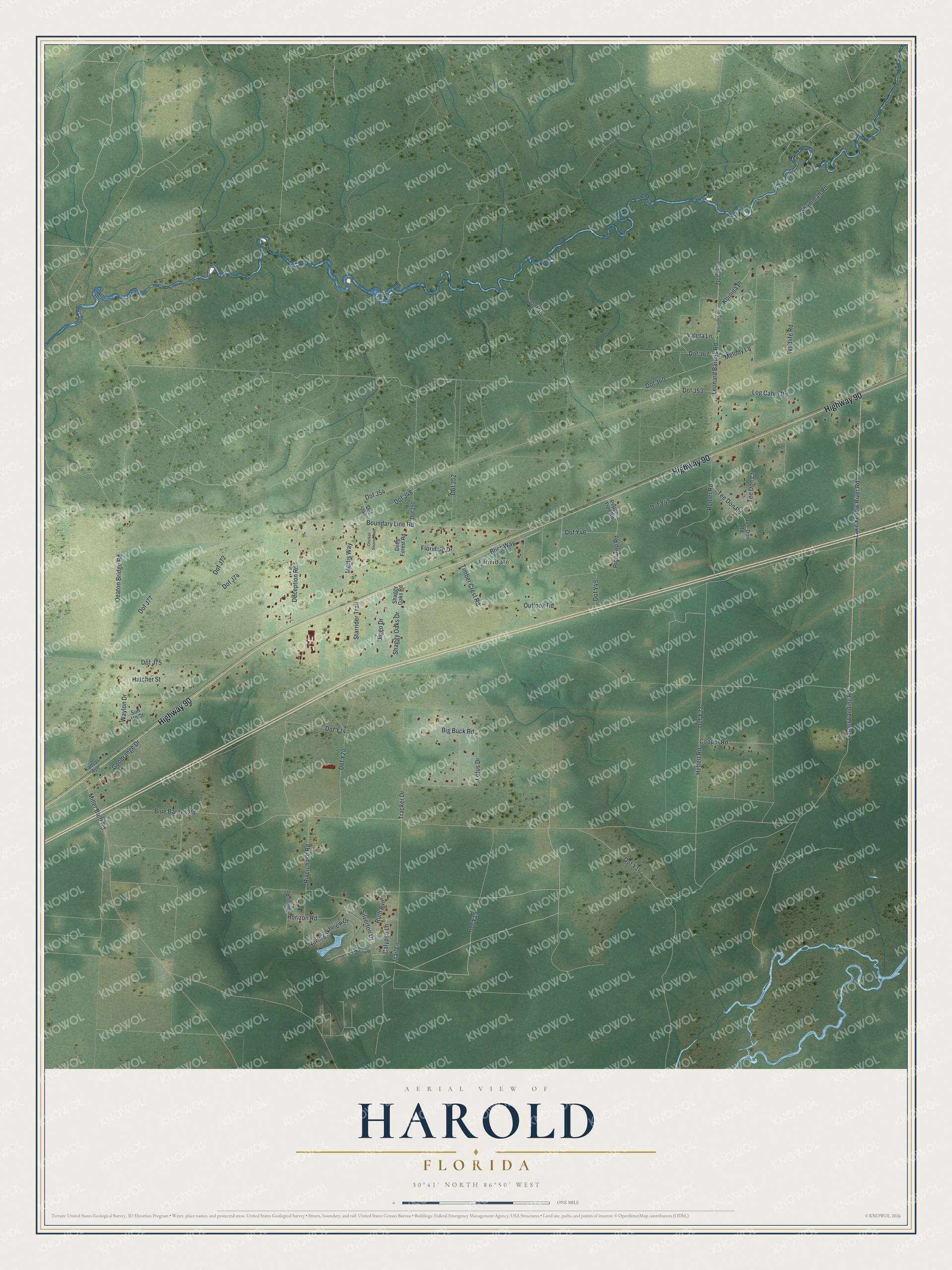 Full map of Harold, Florida, with red buildings, printed street names and the land around them