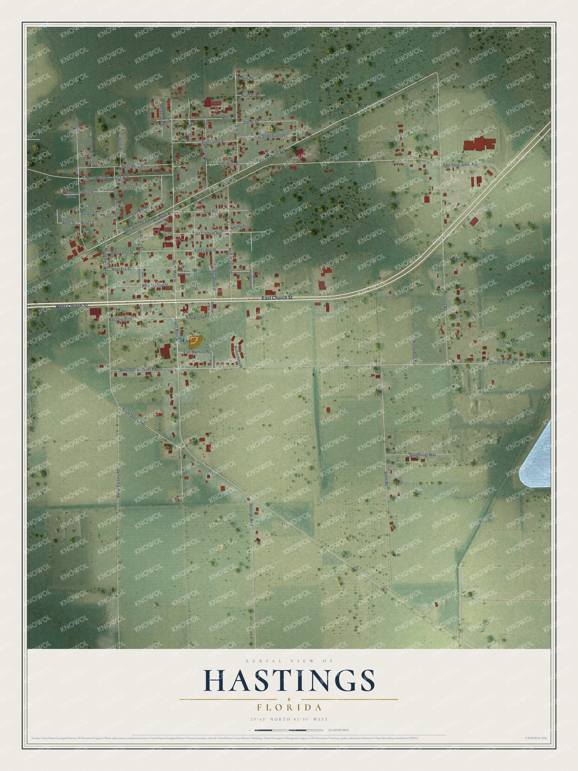 Full map of Hastings, Florida, with red buildings, printed street names and the land around them
