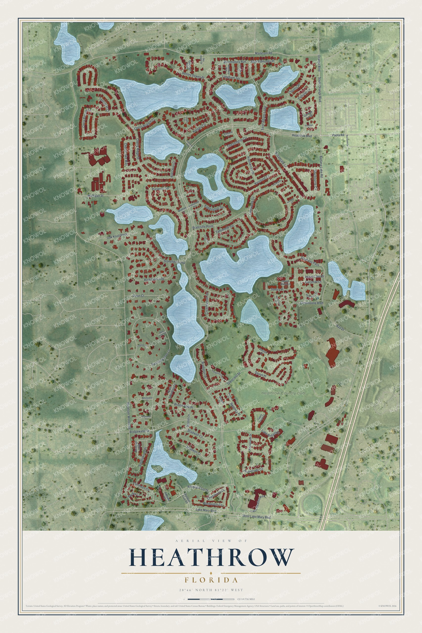 Full map of Heathrow, Florida, with red buildings, printed street names and the land around them