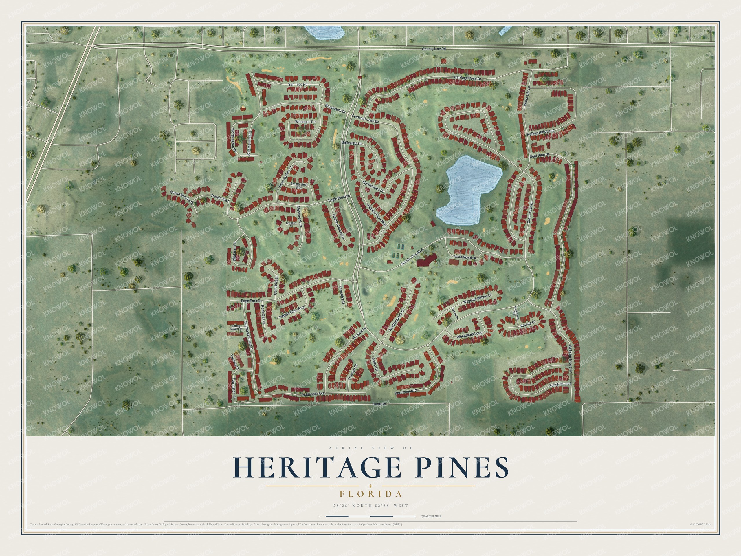 Full map of Heritage Pines, Florida, with red buildings, printed street names and the land around them