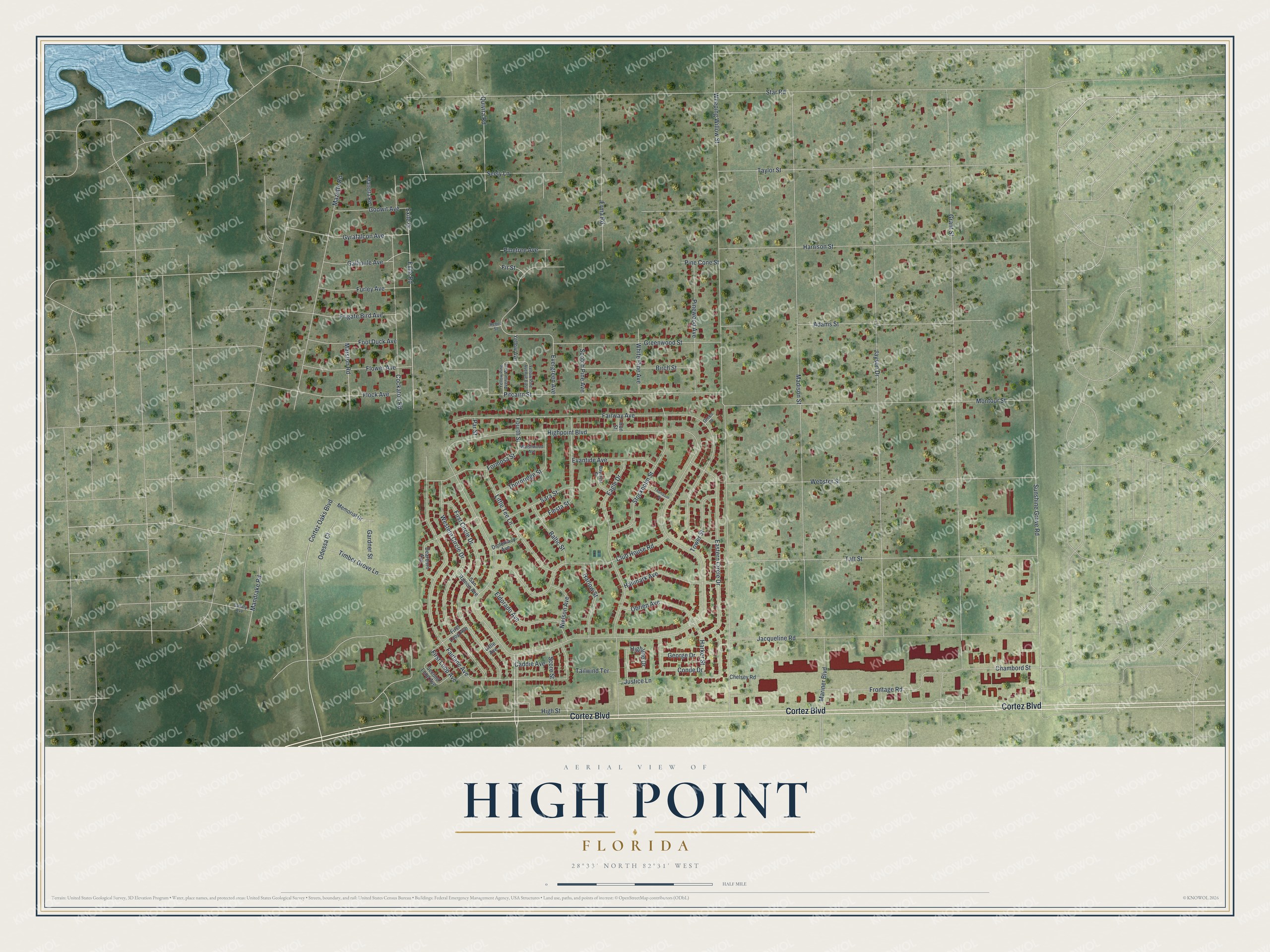 Full map of High Point, Florida, with red buildings, printed street names and the land around them