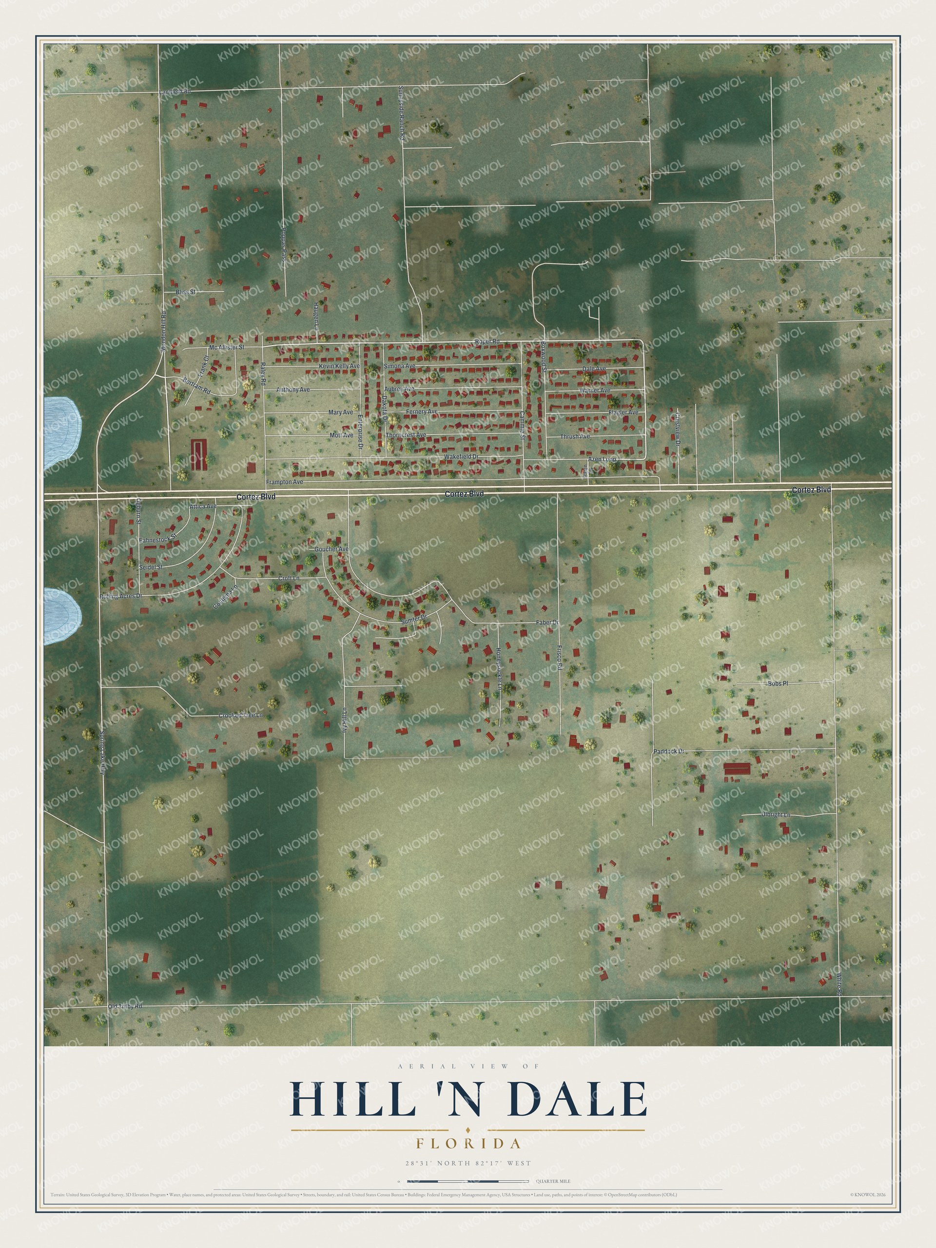 Full map of Hill 'n Dale, Florida, with red buildings, printed street names and the land around them