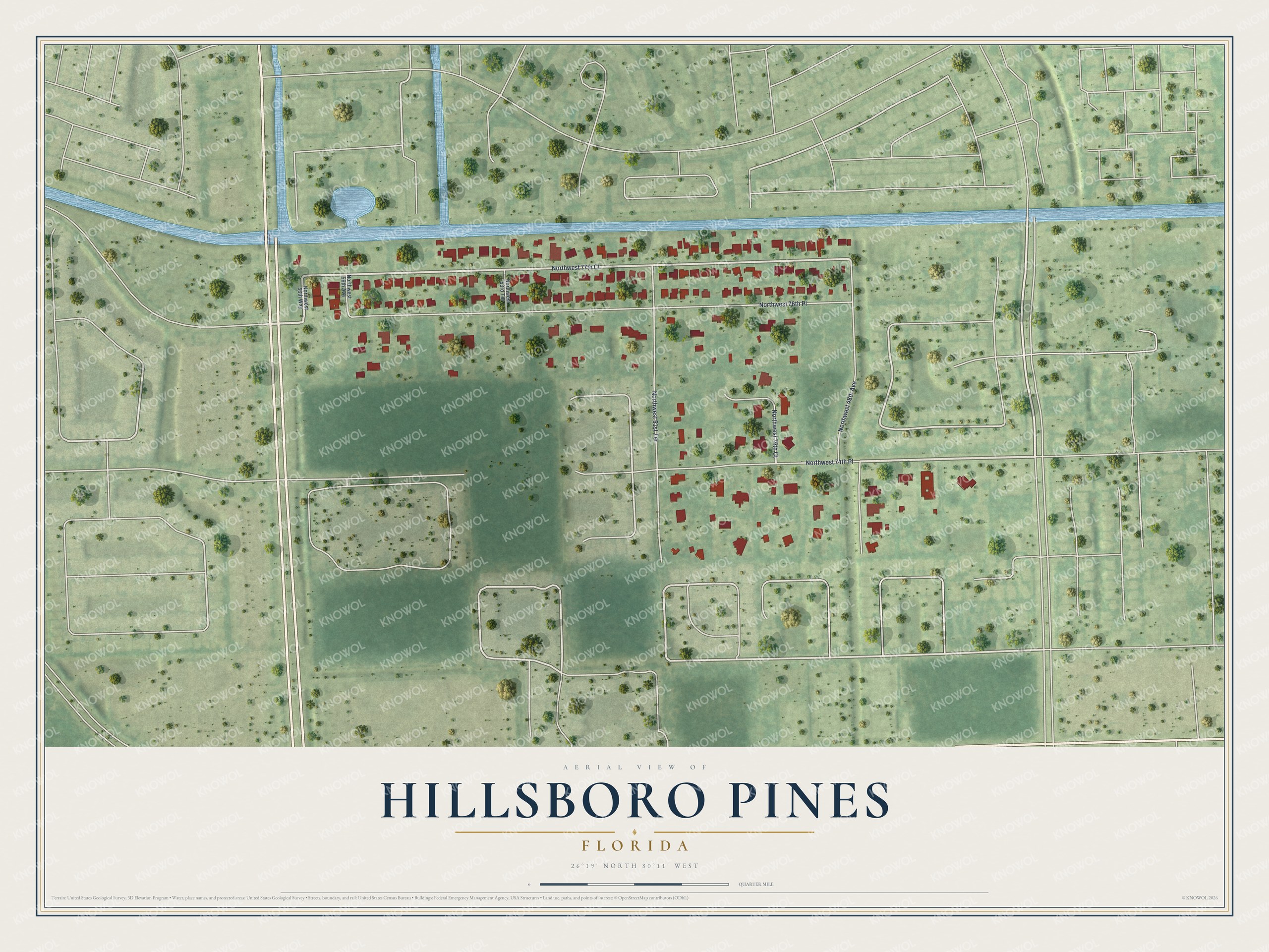 Full map of Hillsboro Pines, Florida, with red buildings, printed street names and the land around them