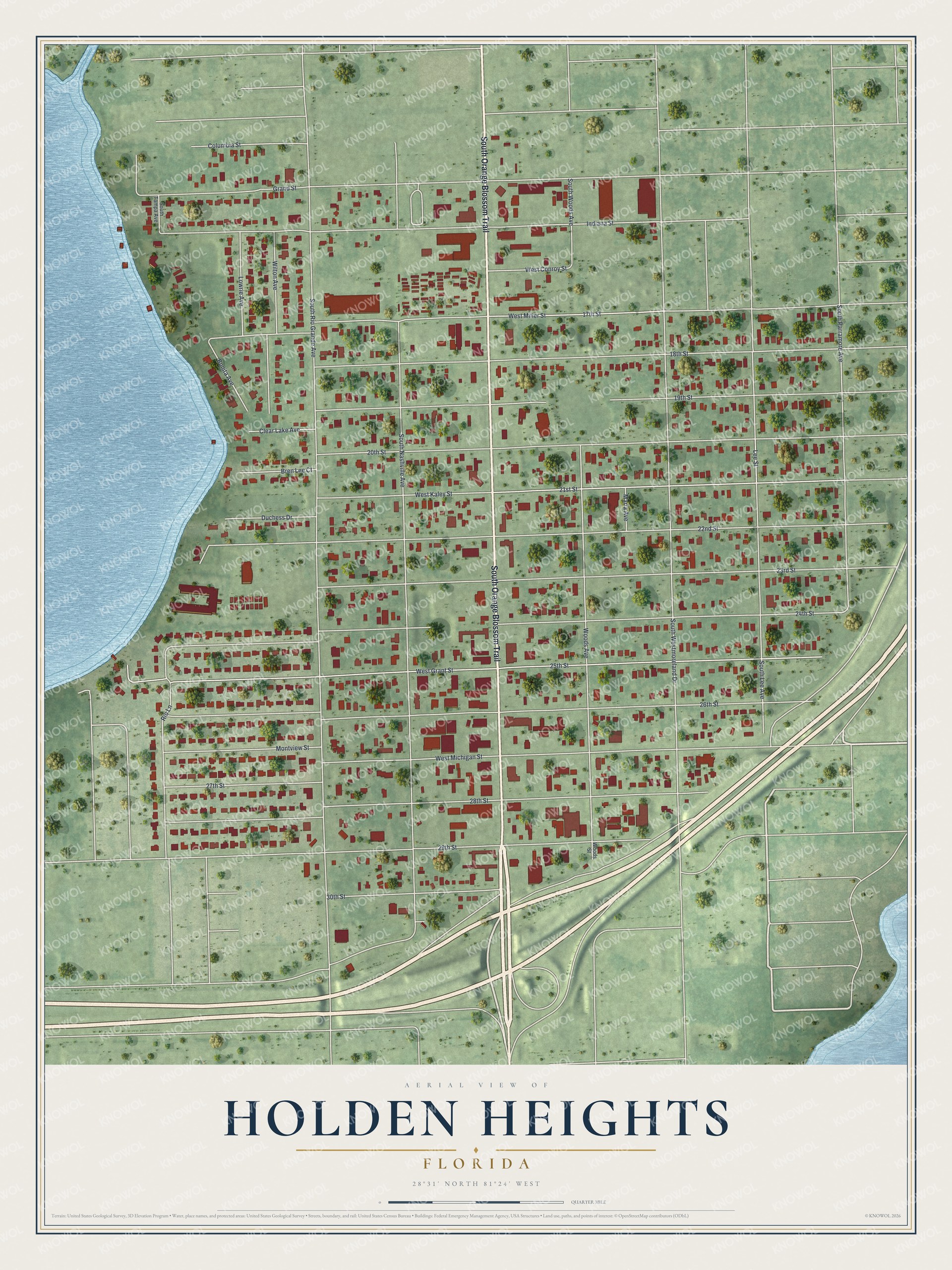 Full map of Holden Heights, Florida, with red buildings, printed street names and the land around them