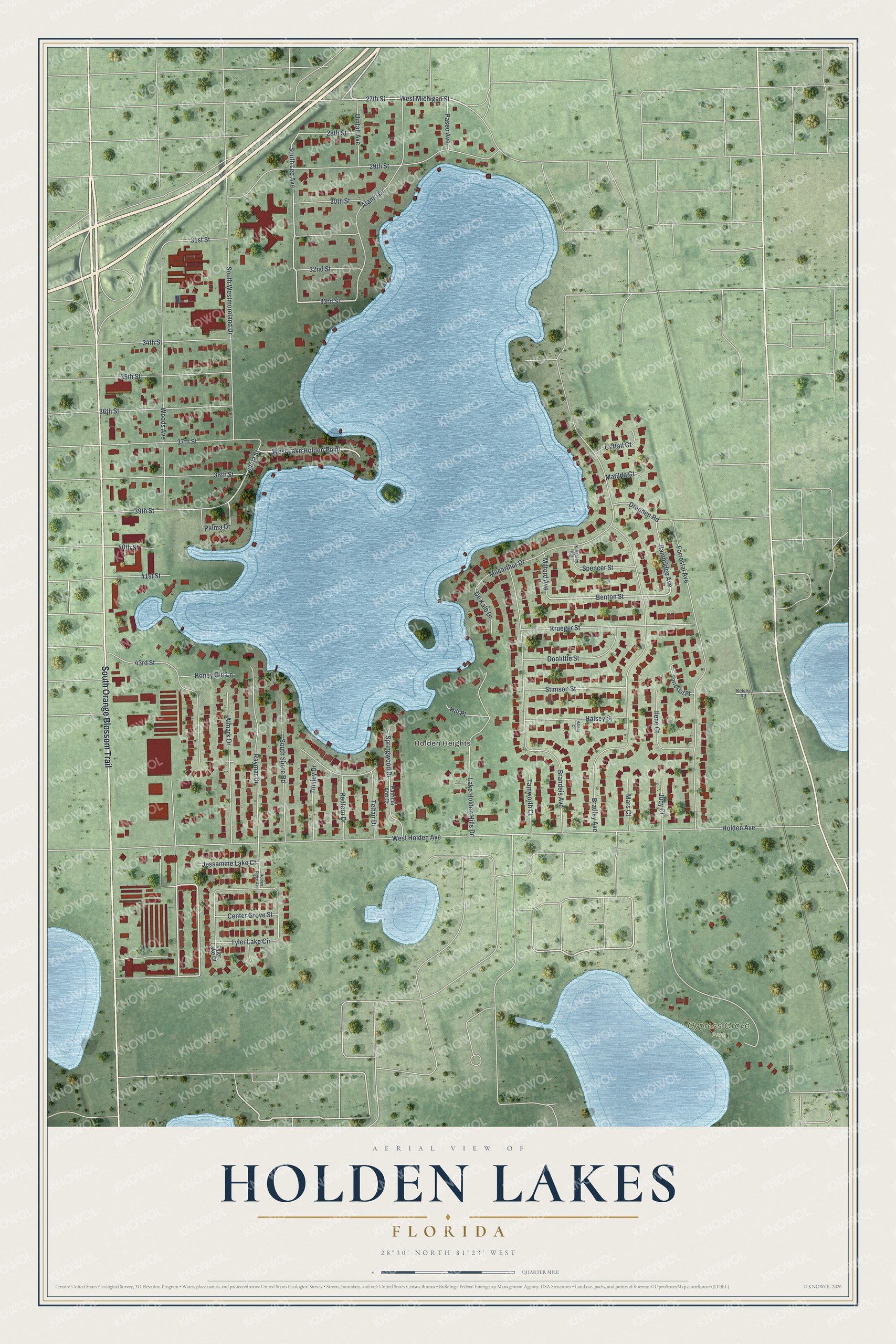 Full map of Holden Lakes, Florida, with red buildings, printed street names and the land around them