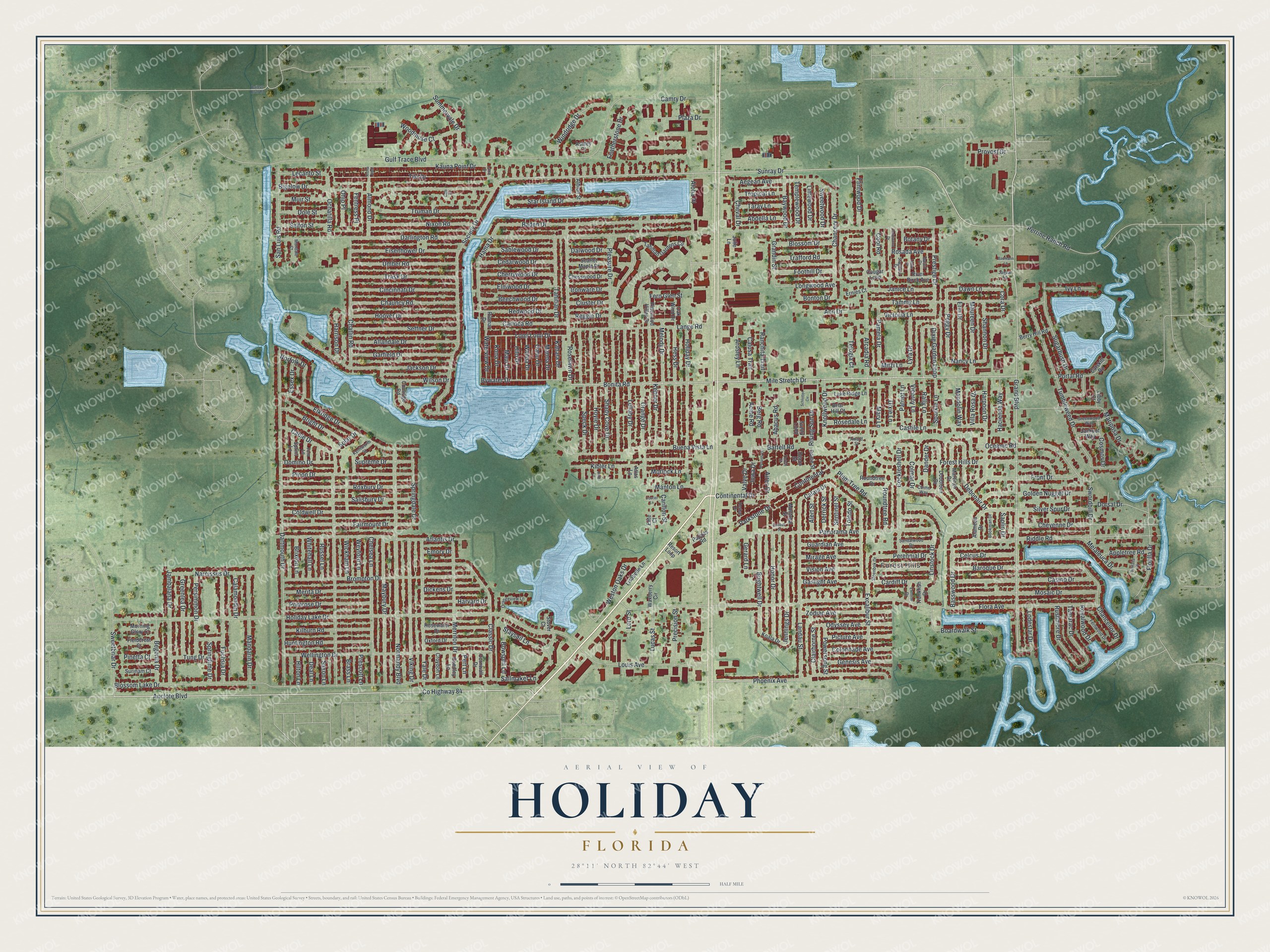 Full map of Holiday, Florida, with red buildings, printed street names and the land around them
