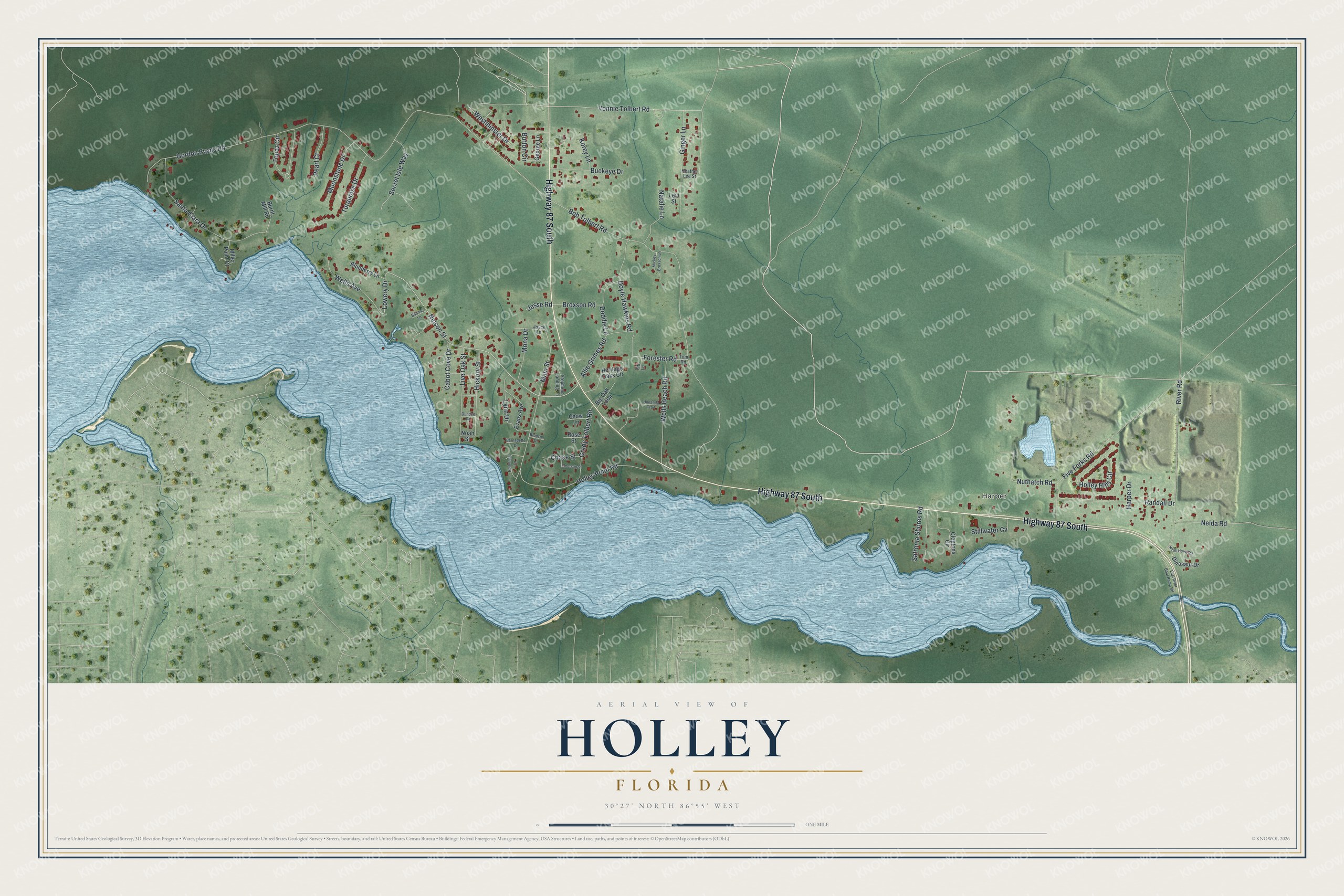 Full map of Holley, Florida, with red buildings, printed street names and the land around them