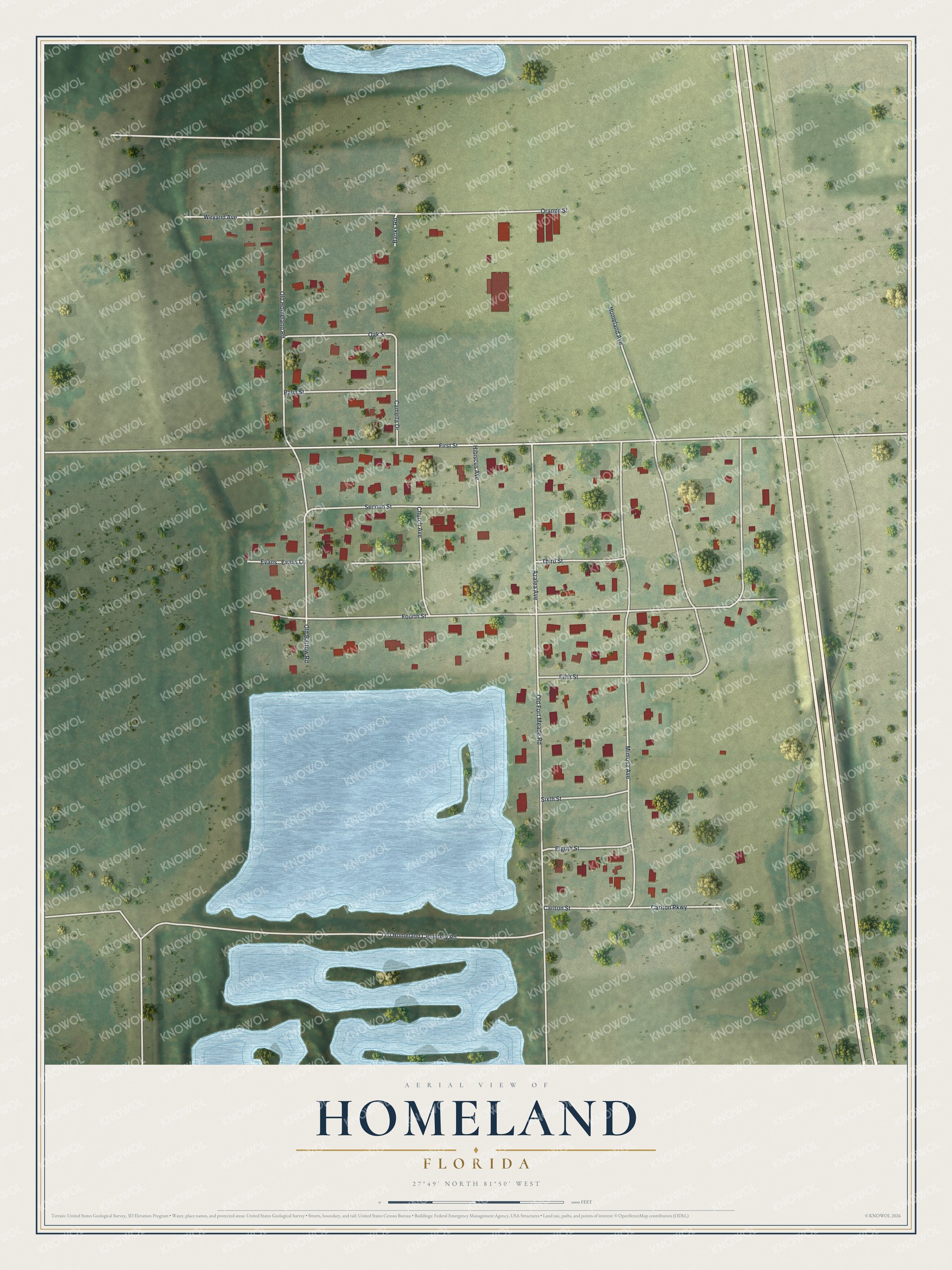 Full map of Homeland, Florida, with red buildings, printed street names and the land around them