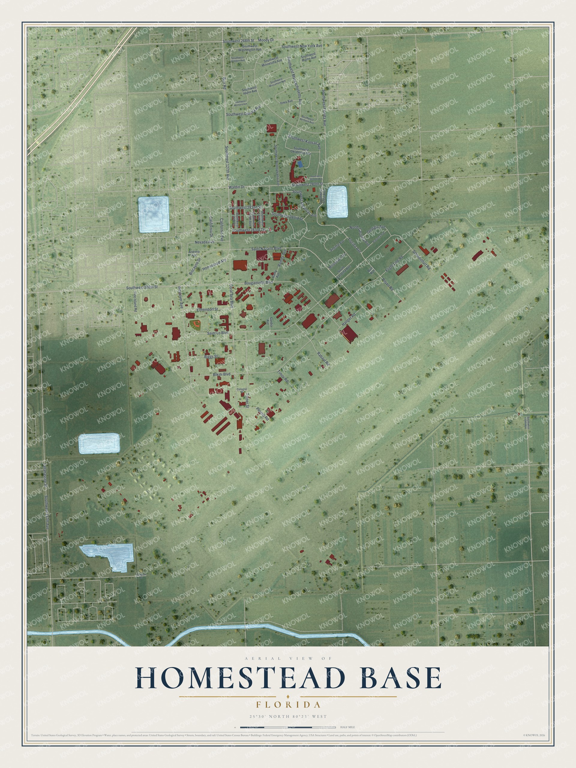 Full map of Homestead Base, Florida, with red buildings, printed street names and the land around them