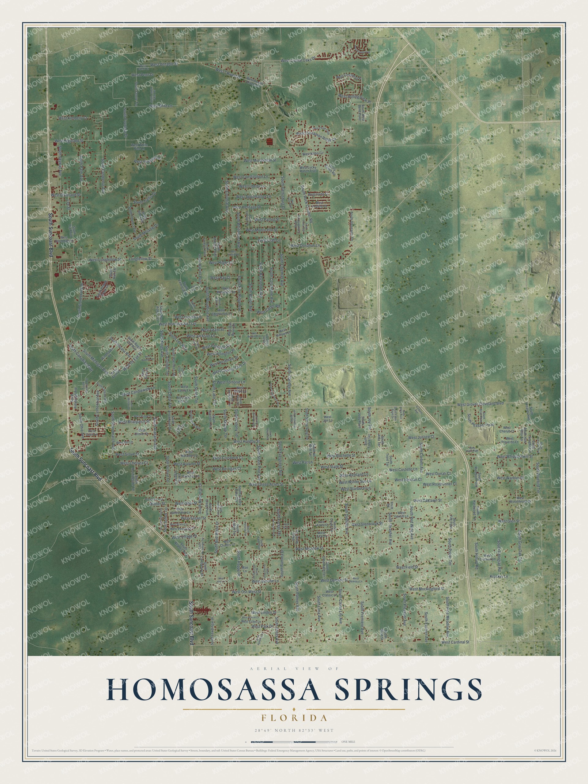 Full map of Homosassa Springs, Florida, with red buildings, printed street names and the land around them