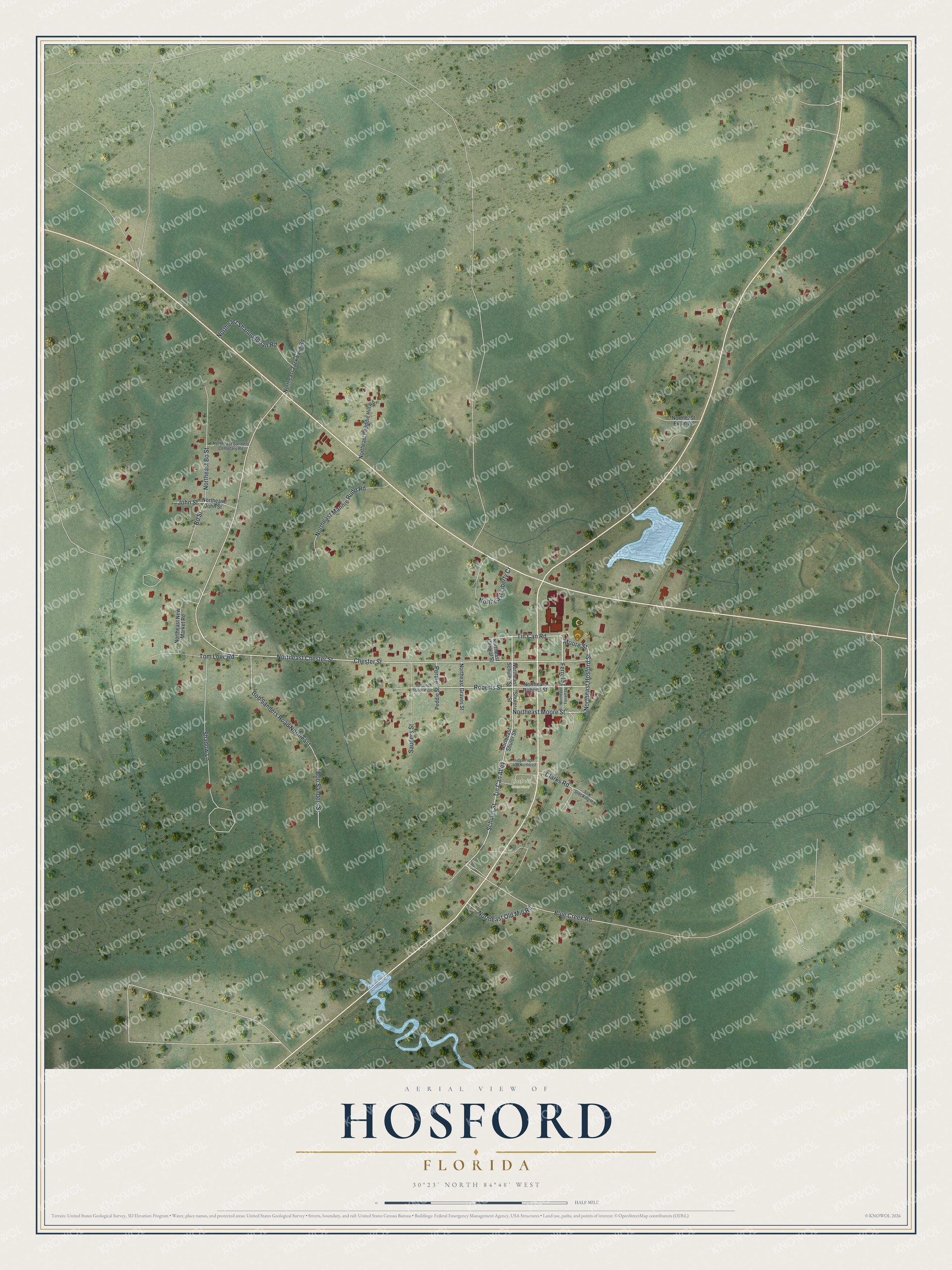 Full map of Hosford, Florida, with red buildings, printed street names and the land around them