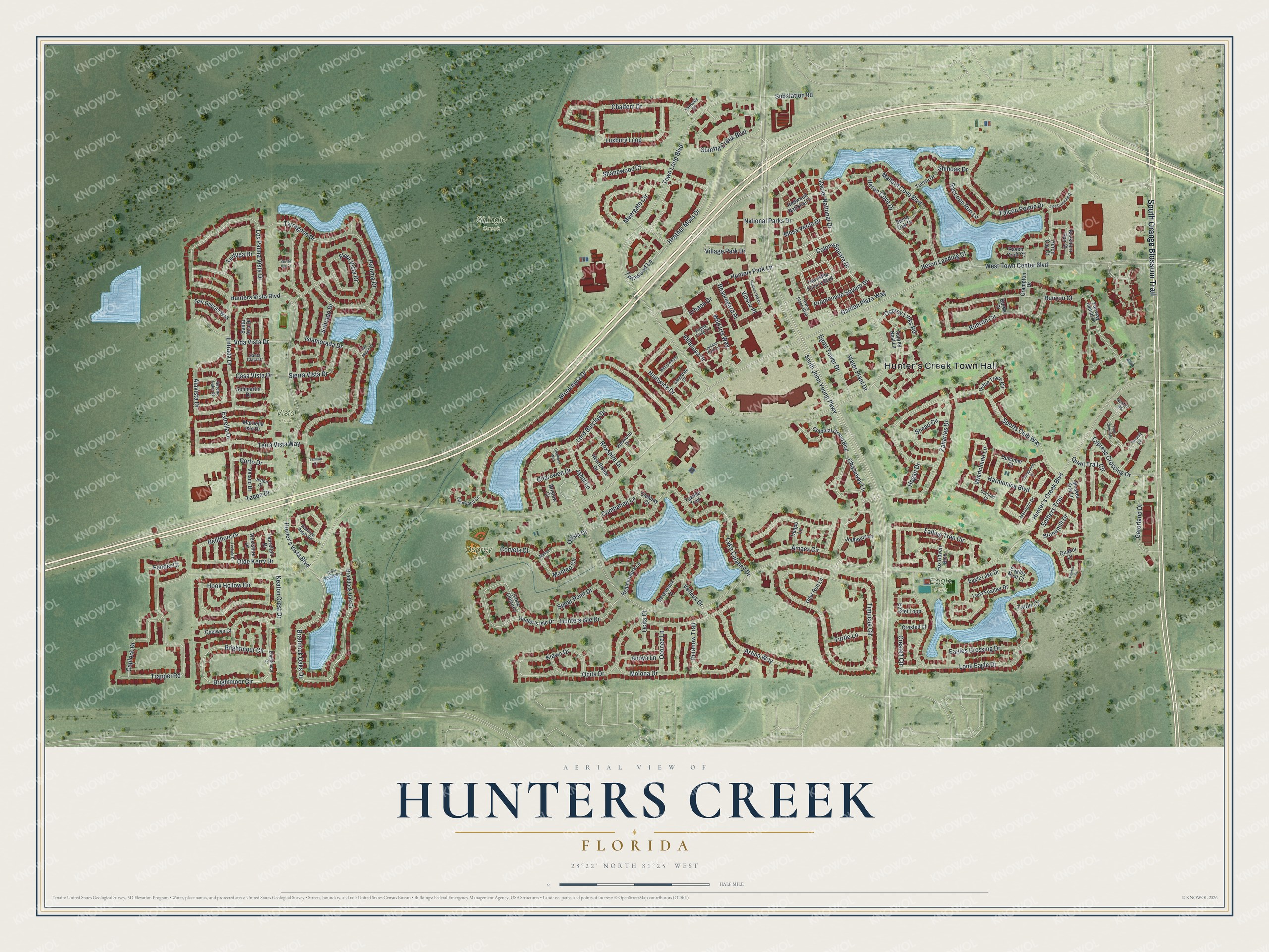 Full map of Hunters Creek, Florida, with red buildings, printed street names and the land around them