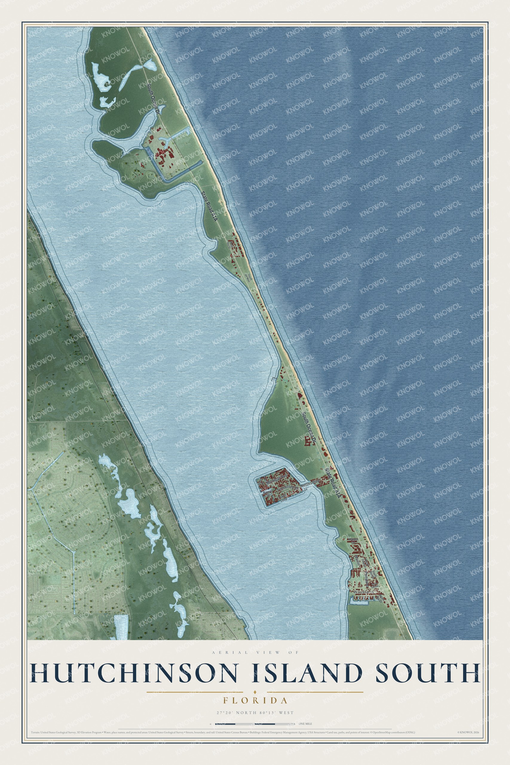 Full map of Hutchinson Island South, Florida, with red buildings, printed street names and the land around them