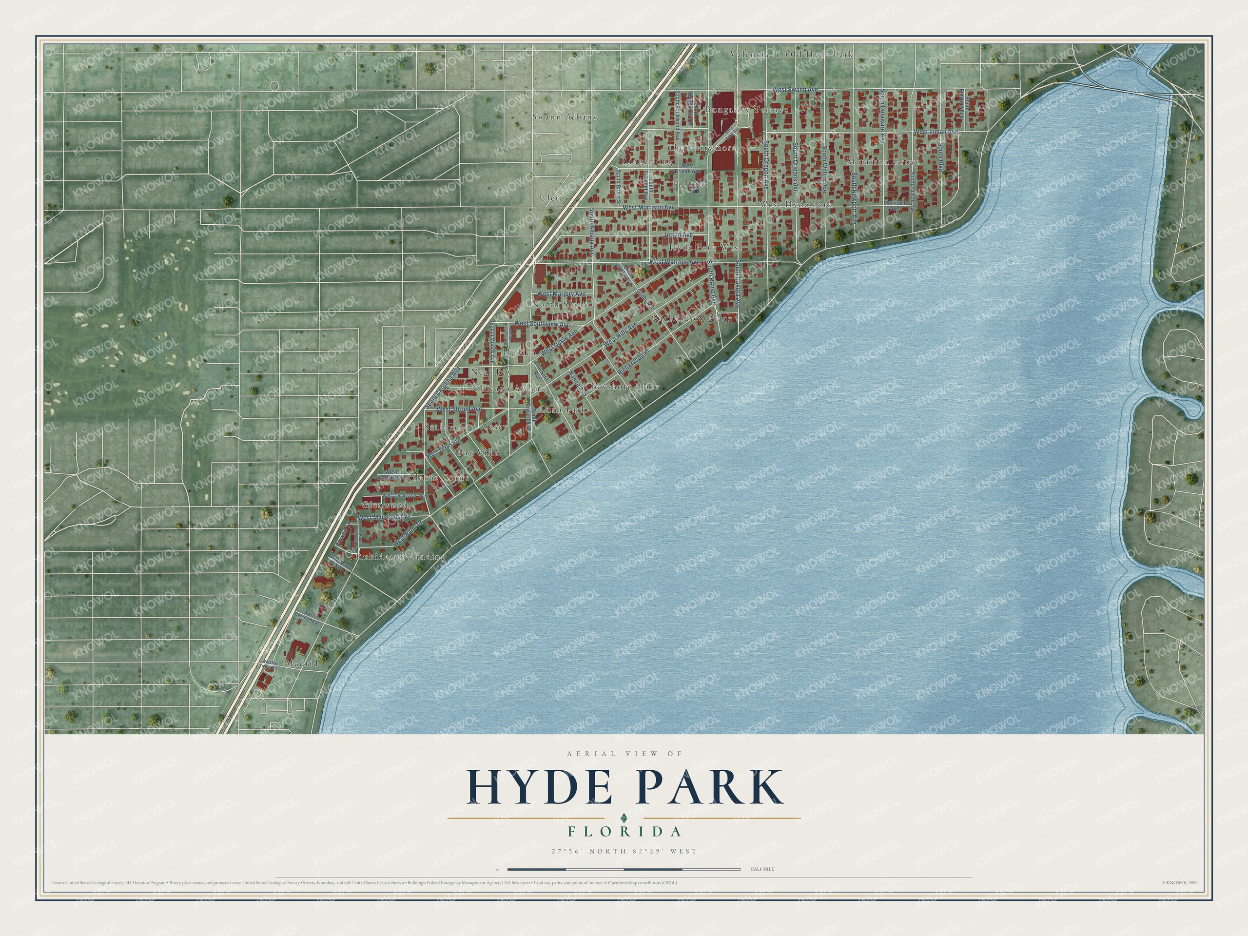 Full map of Hyde Park, Florida, with red buildings, printed street names and the land around them