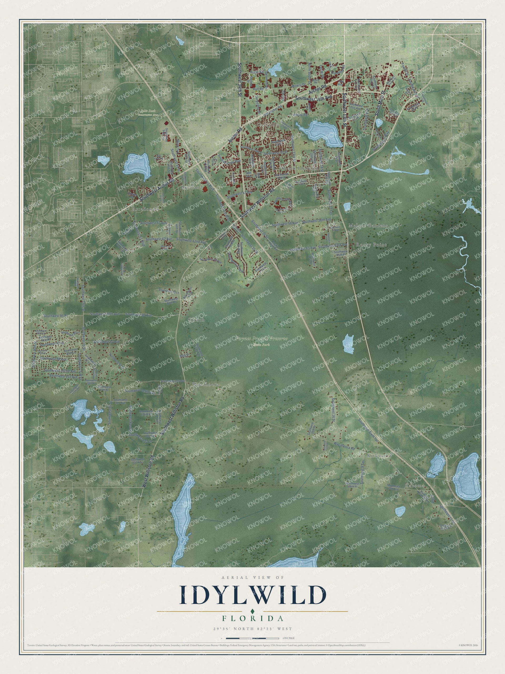 Full map of Idylwild, Florida, with red buildings, printed street names and the land around them