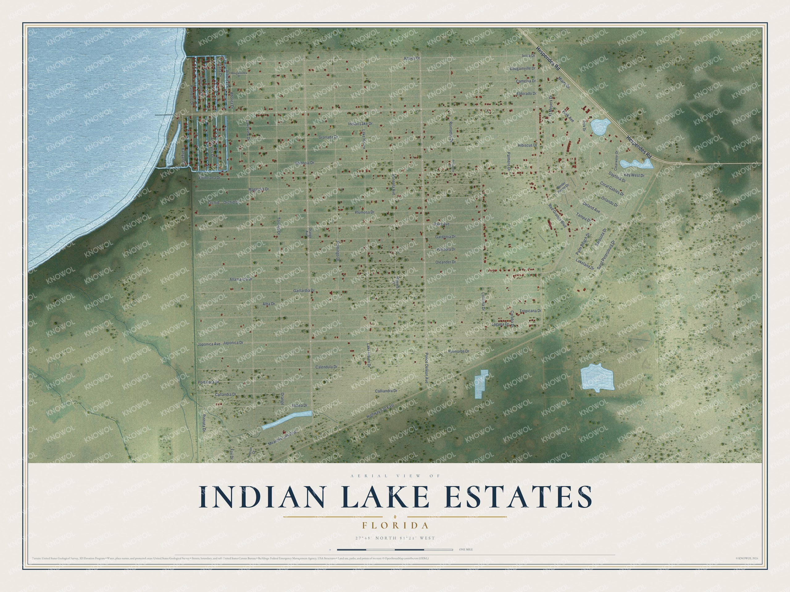 Full map of Indian Lake Estates, Florida, with red buildings, printed street names and the land around them