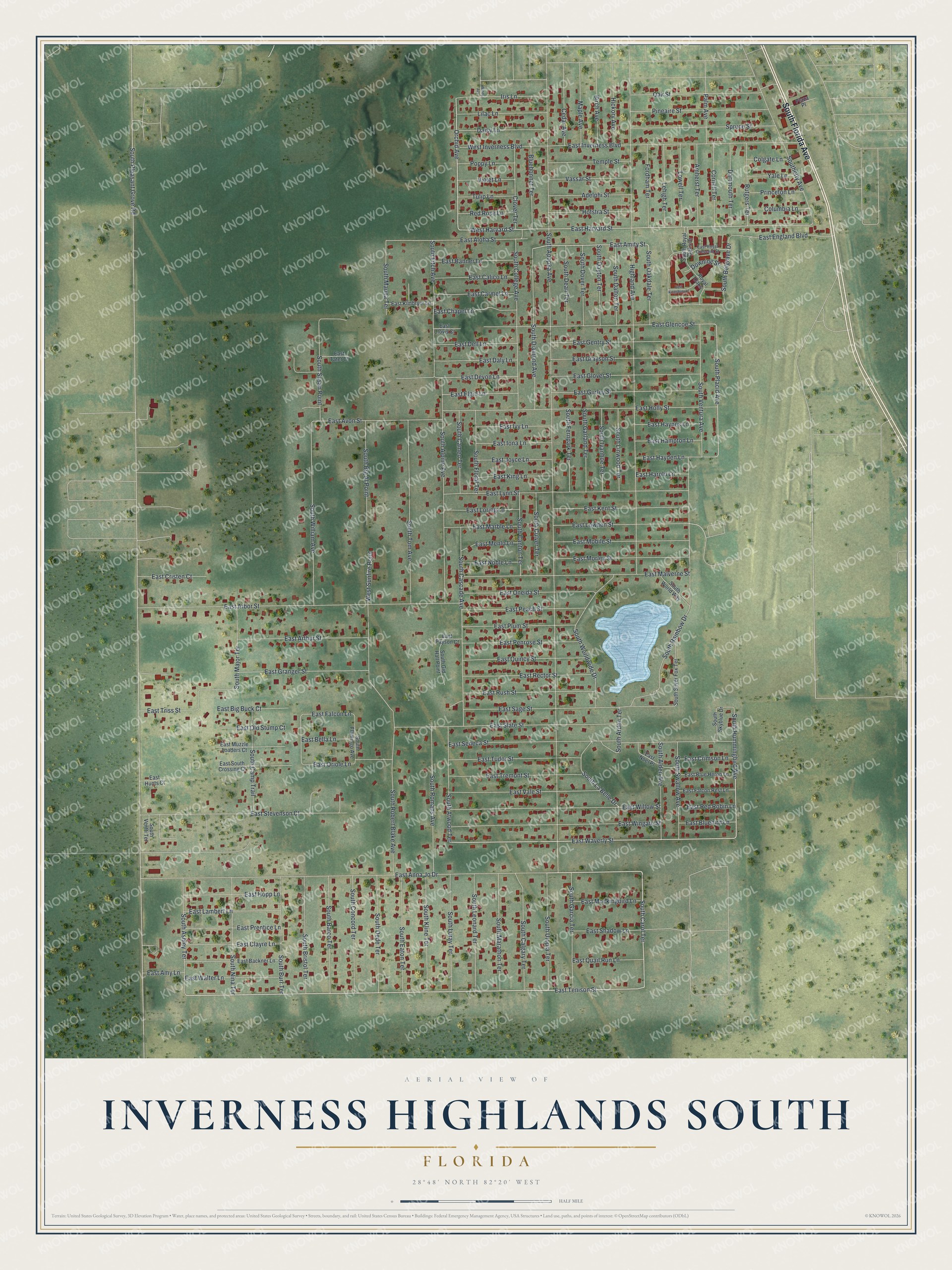 Full map of Inverness Highlands South, Florida, with red buildings, printed street names and the land around them