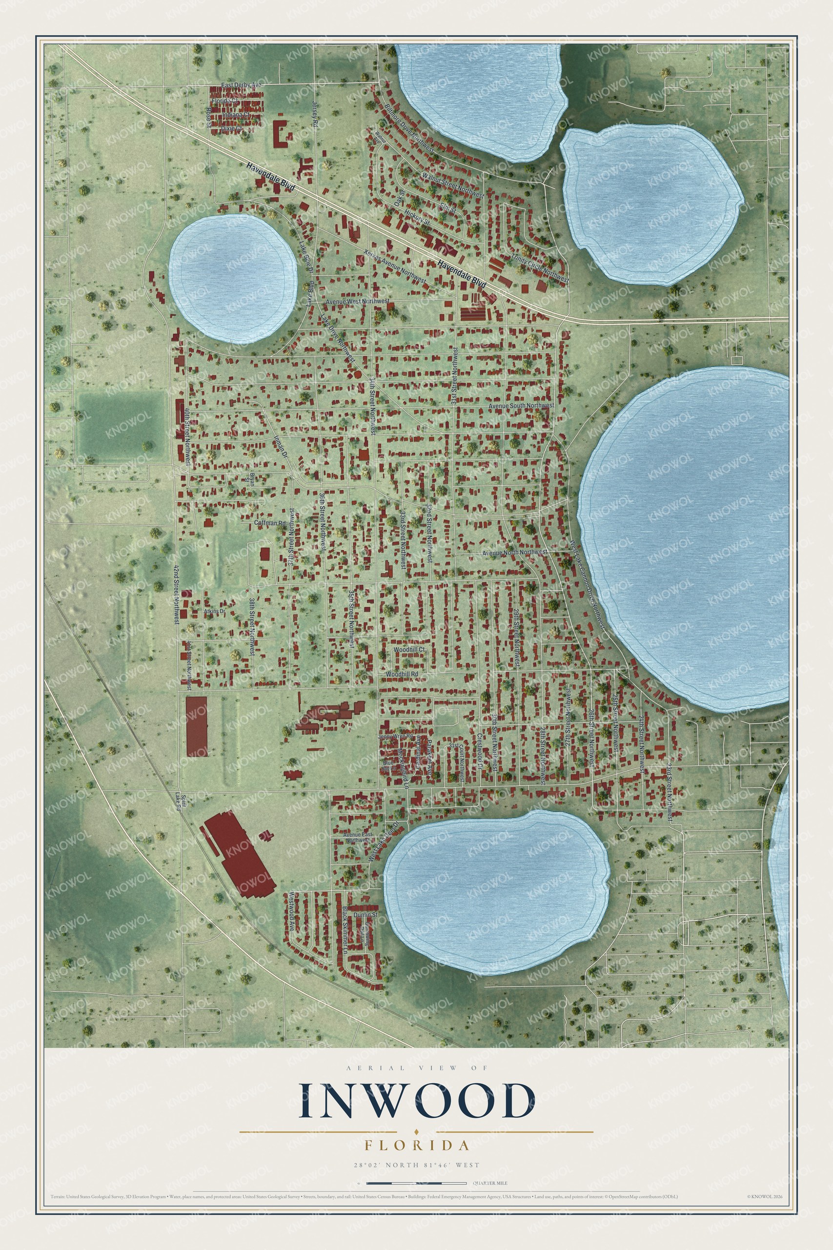 Full map of Inwood, Florida, with red buildings, printed street names and the land around them