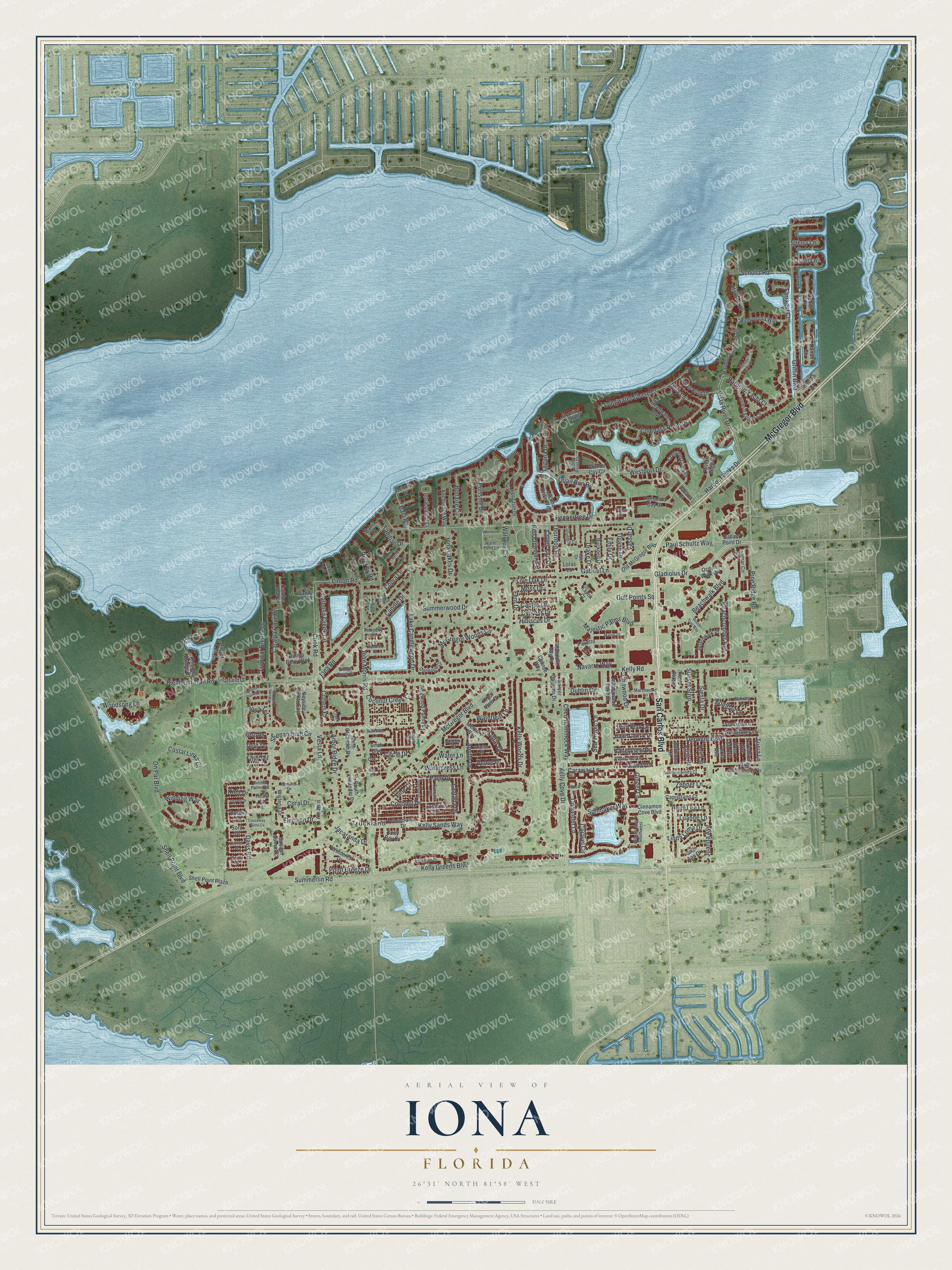 Full map of Iona, Florida, with red buildings, printed street names and the land around them