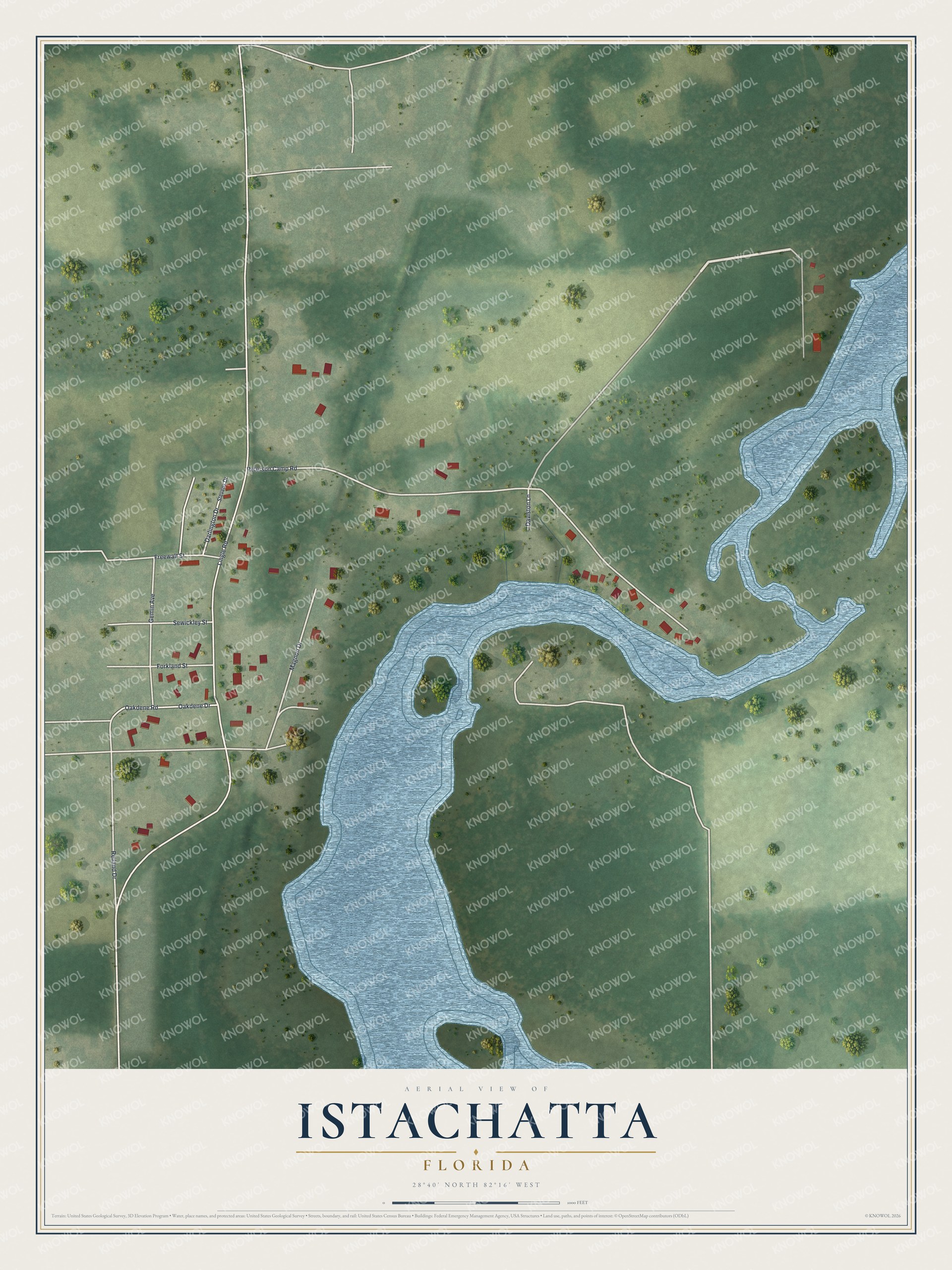 Full map of Istachatta, Florida, with red buildings, printed street names and the land around them