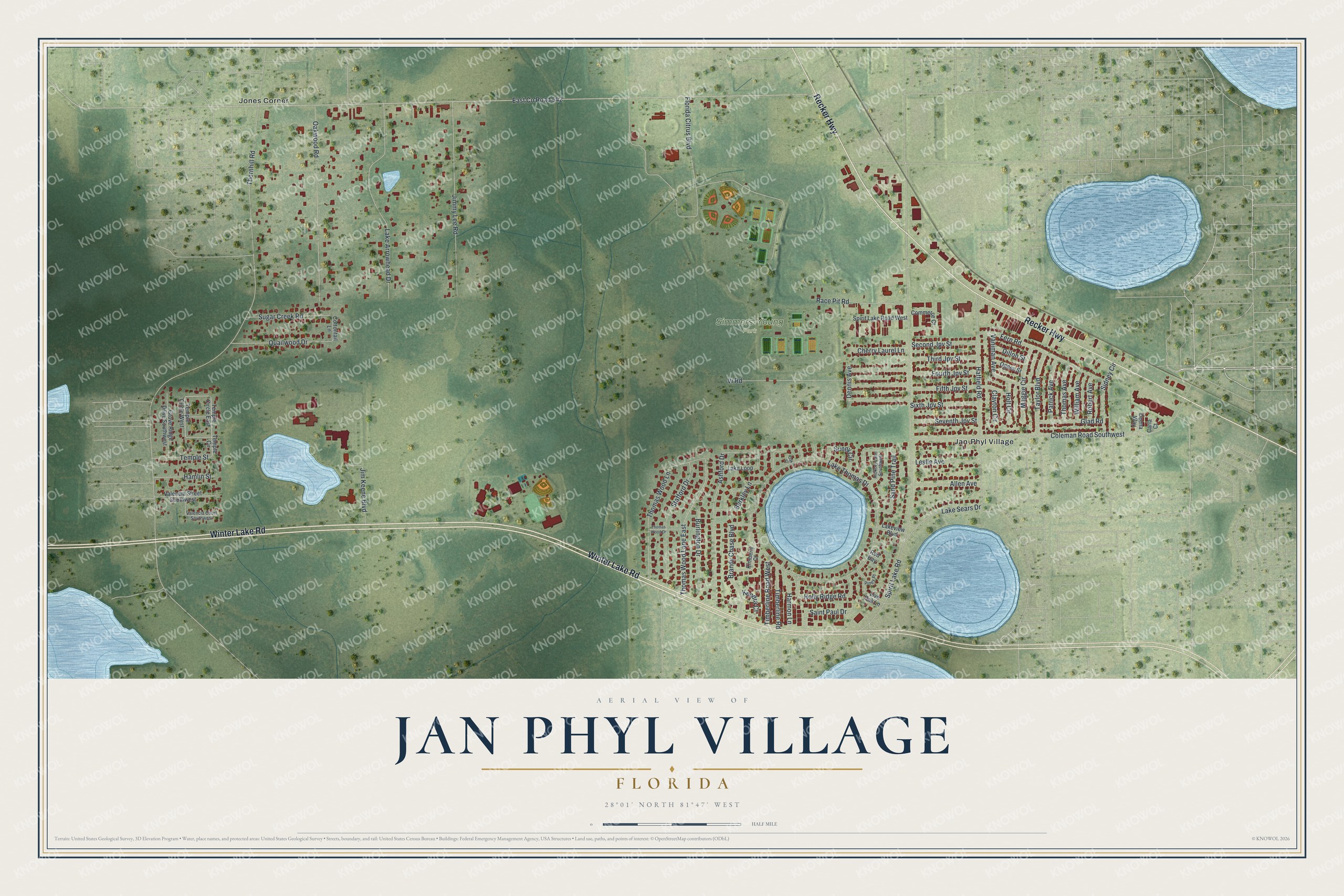 Full map of Jan Phyl Village, Florida, with red buildings, printed street names and the land around them