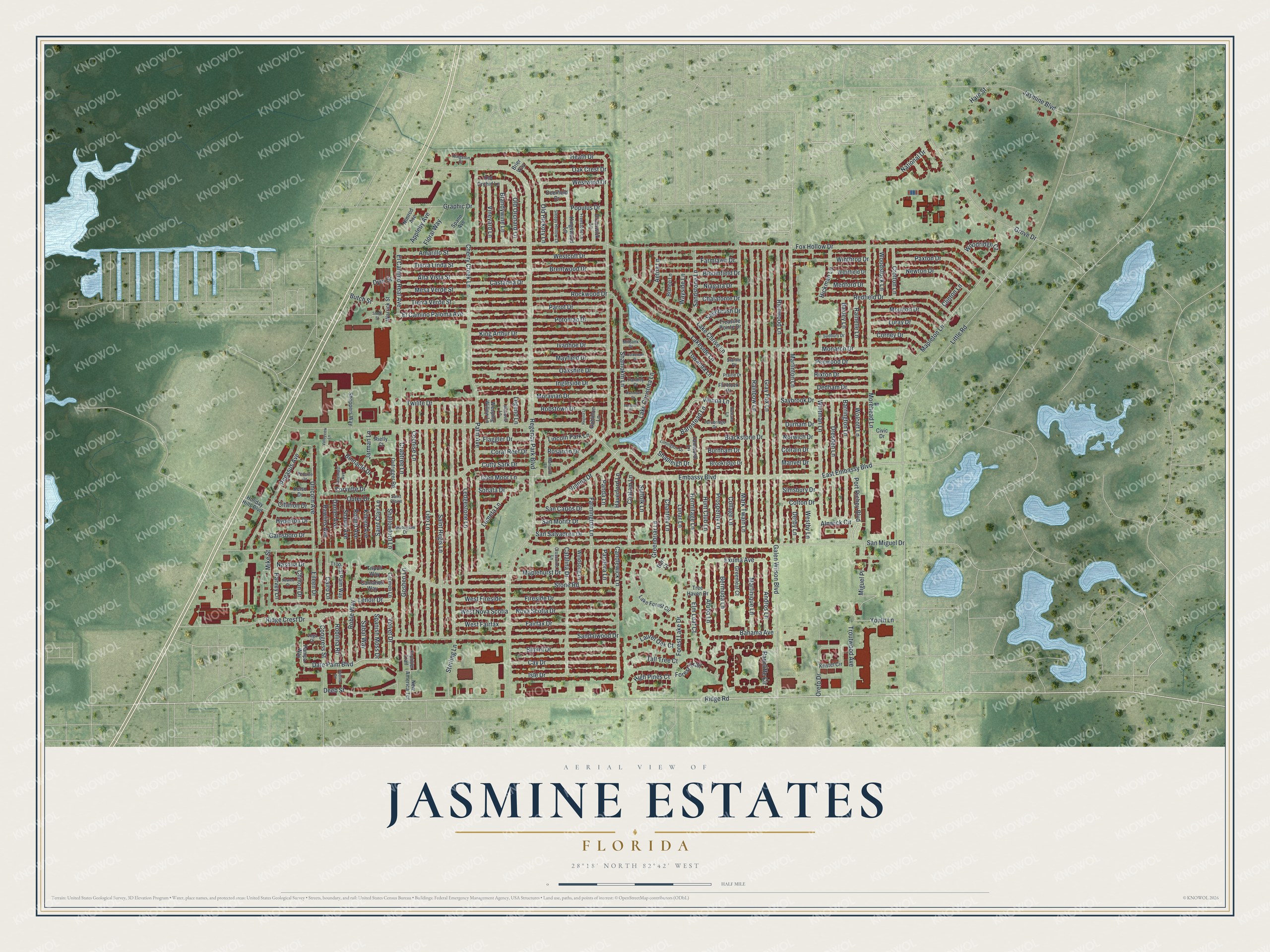 Full map of Jasmine Estates, Florida, with red buildings, printed street names and the land around them