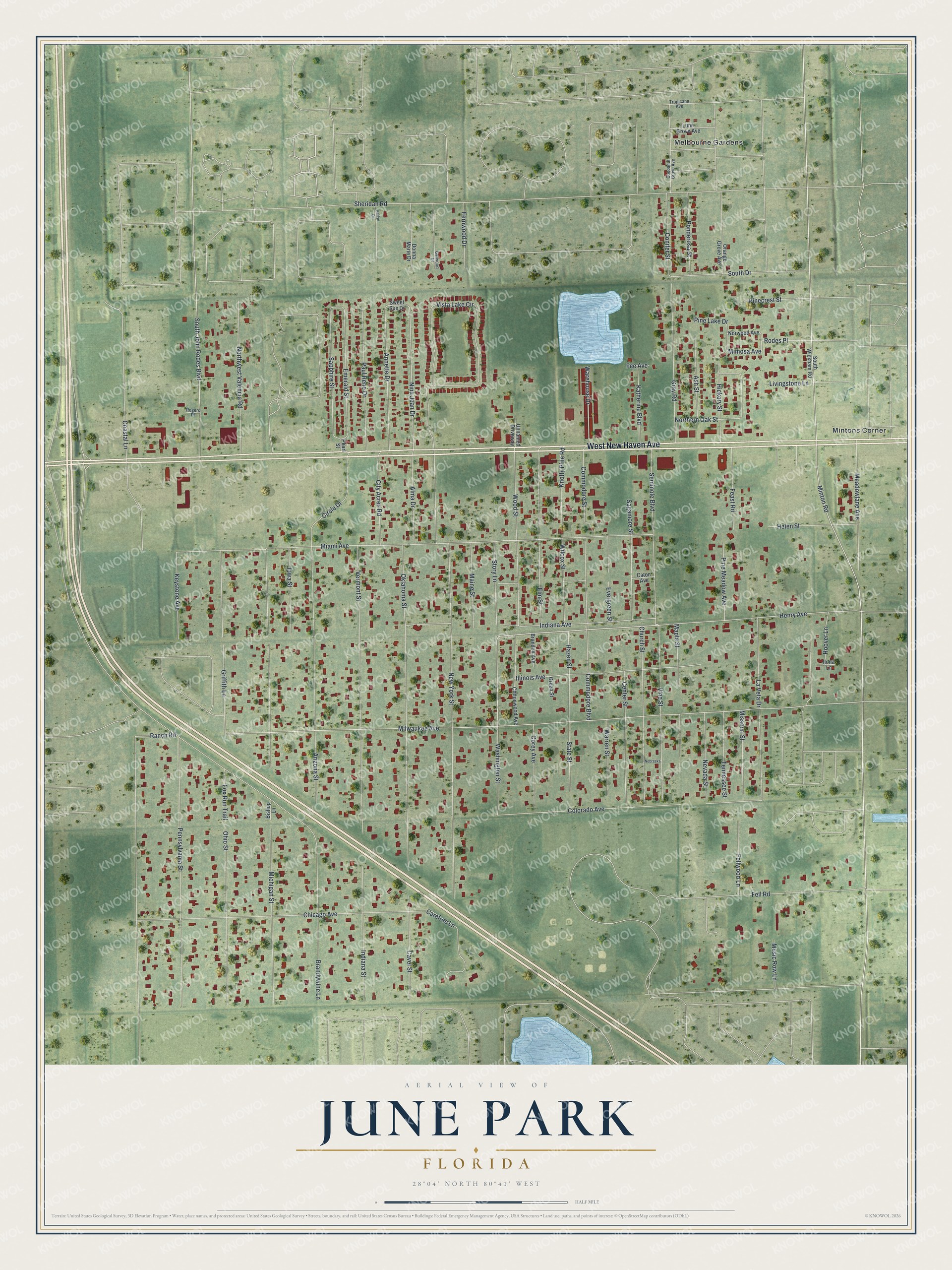Full map of June Park, Florida, with red buildings, printed street names and the land around them