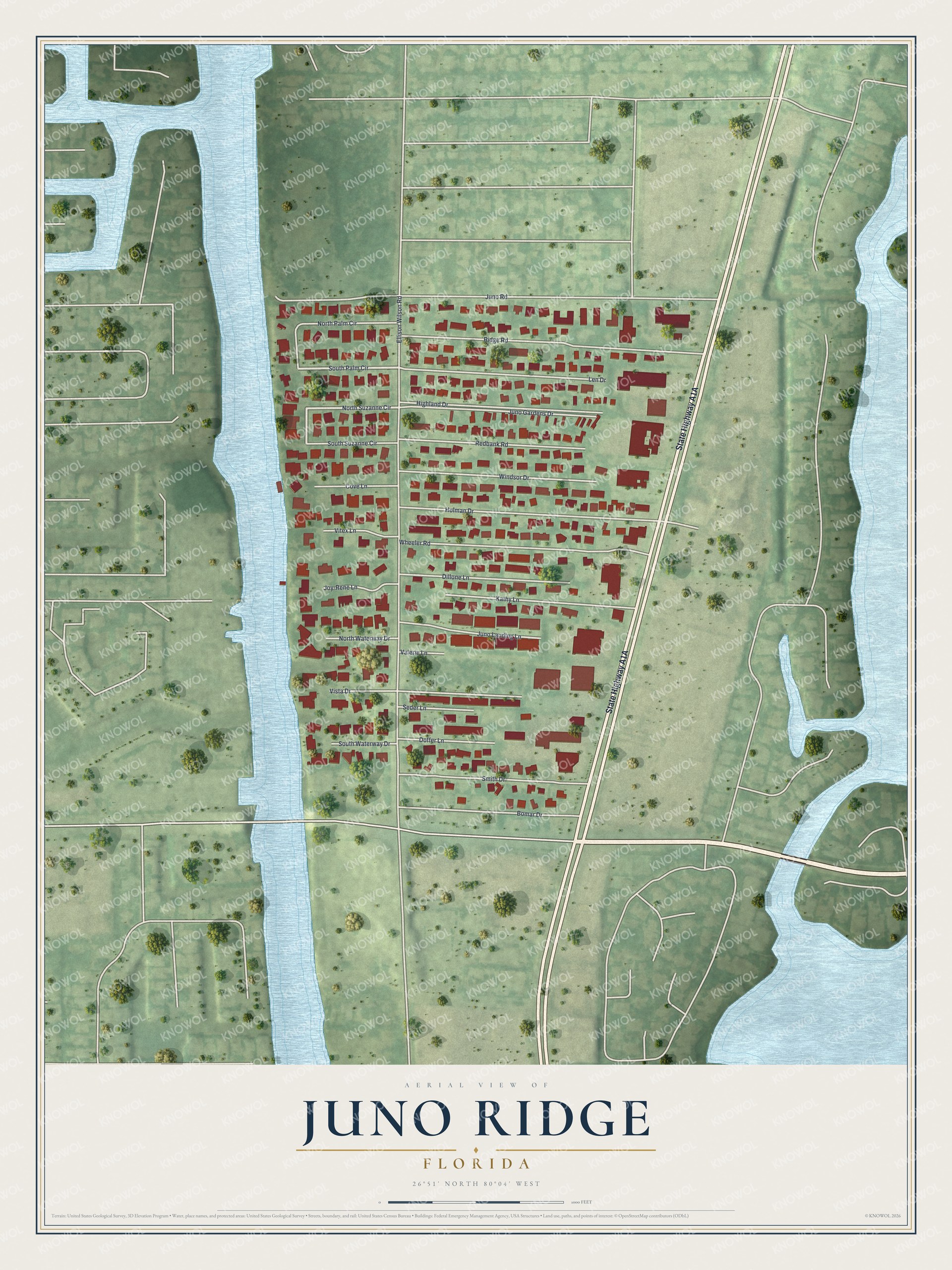 Full map of Juno Ridge, Florida, with red buildings, printed street names and the land around them