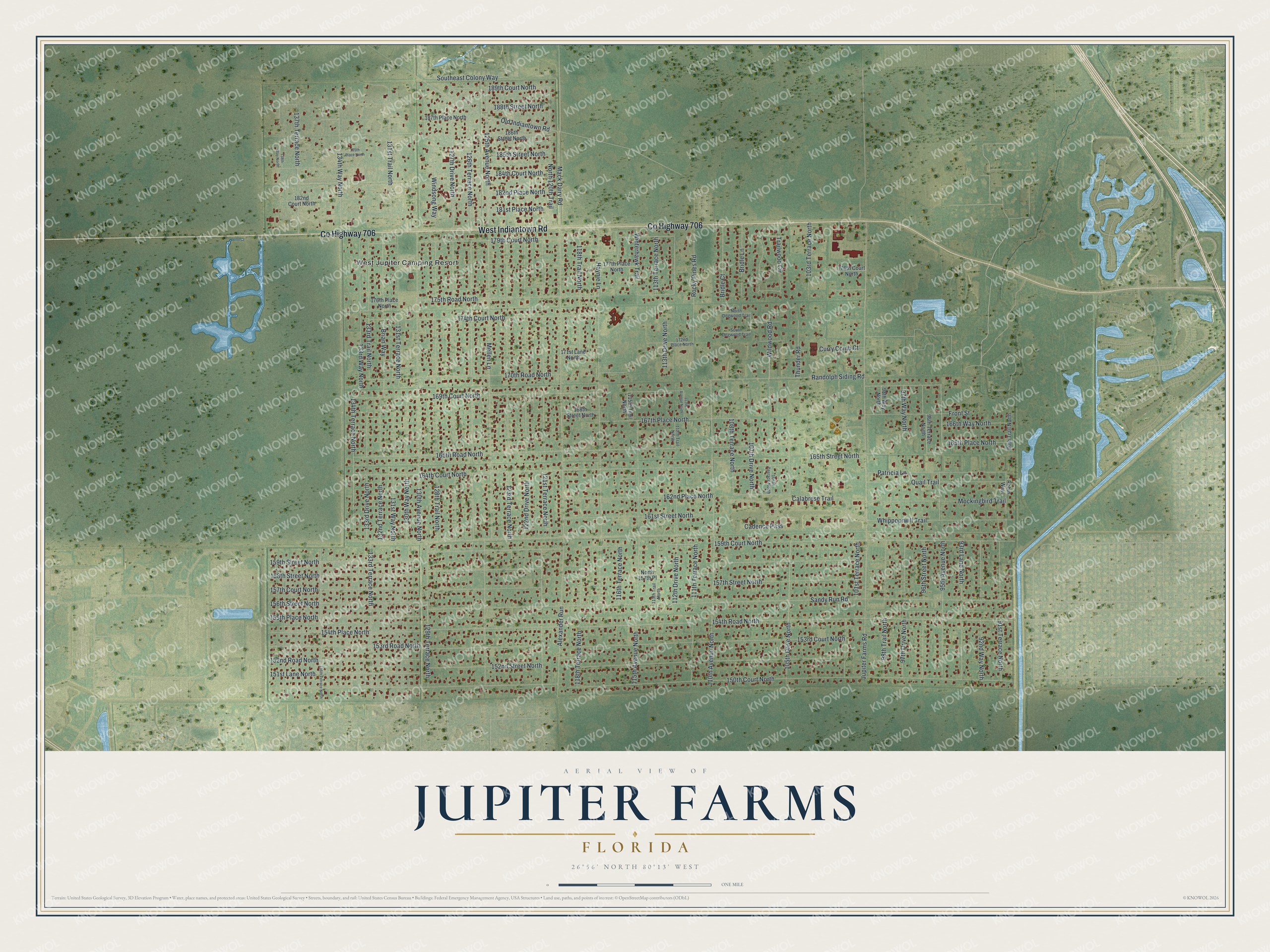 Full map of Jupiter Farms, Florida, with red buildings, printed street names and the land around them