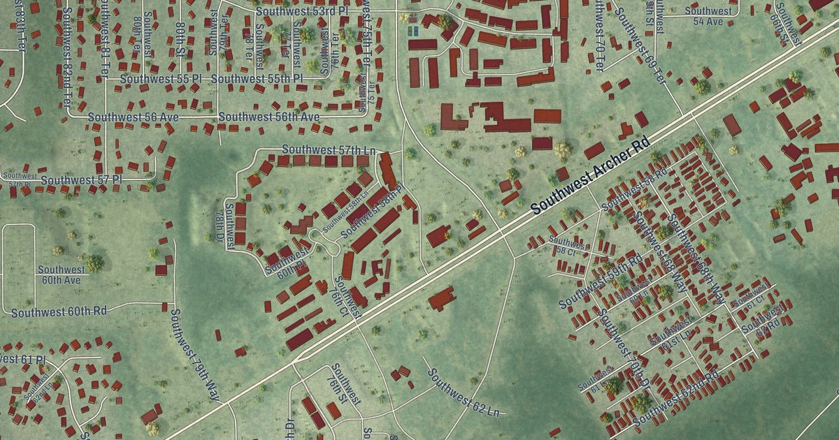 Close-up of streets and buildings in Kanapaha, Florida
