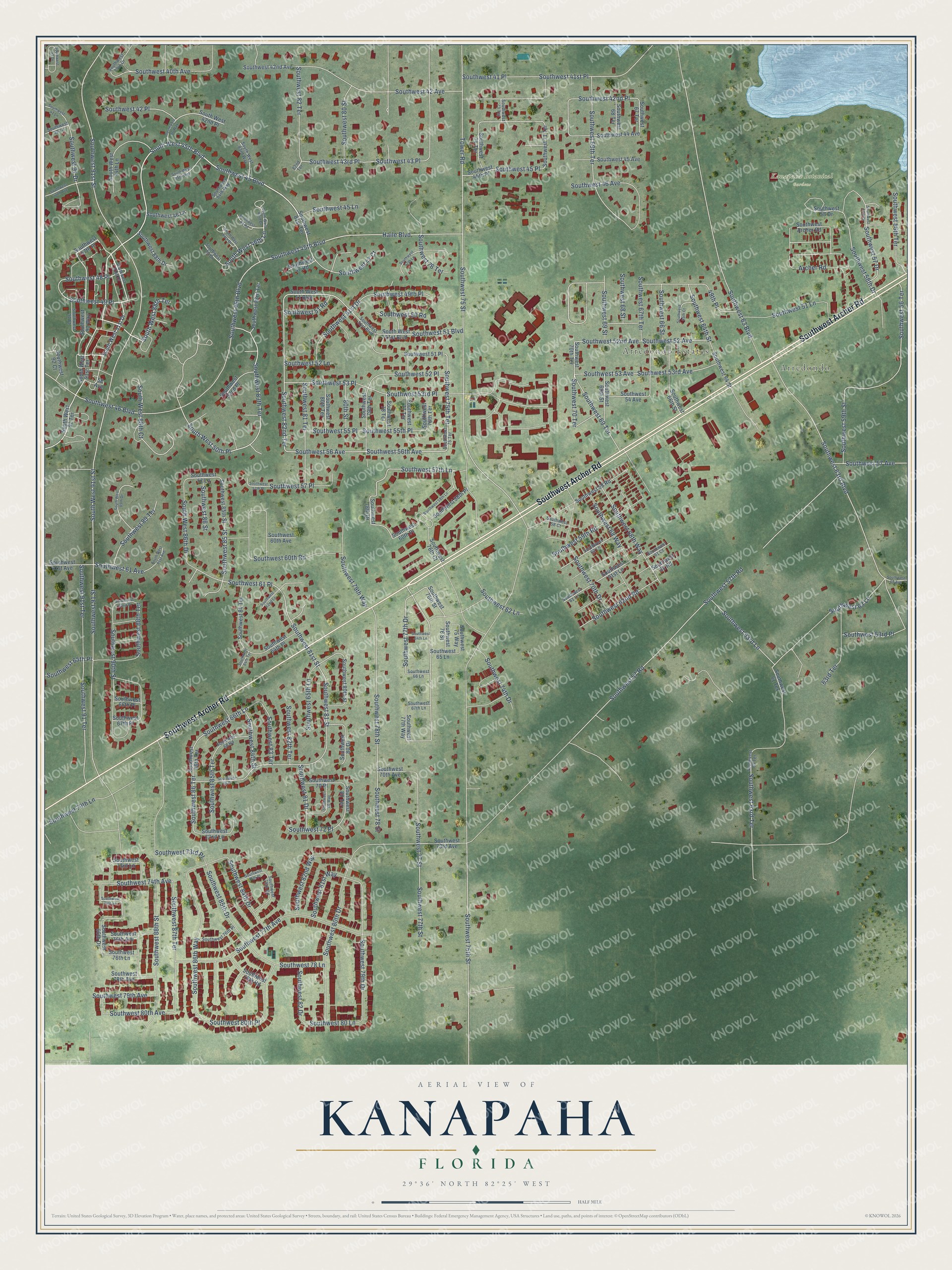 Full map of Kanapaha, Florida, with red buildings, printed street names and the land around them