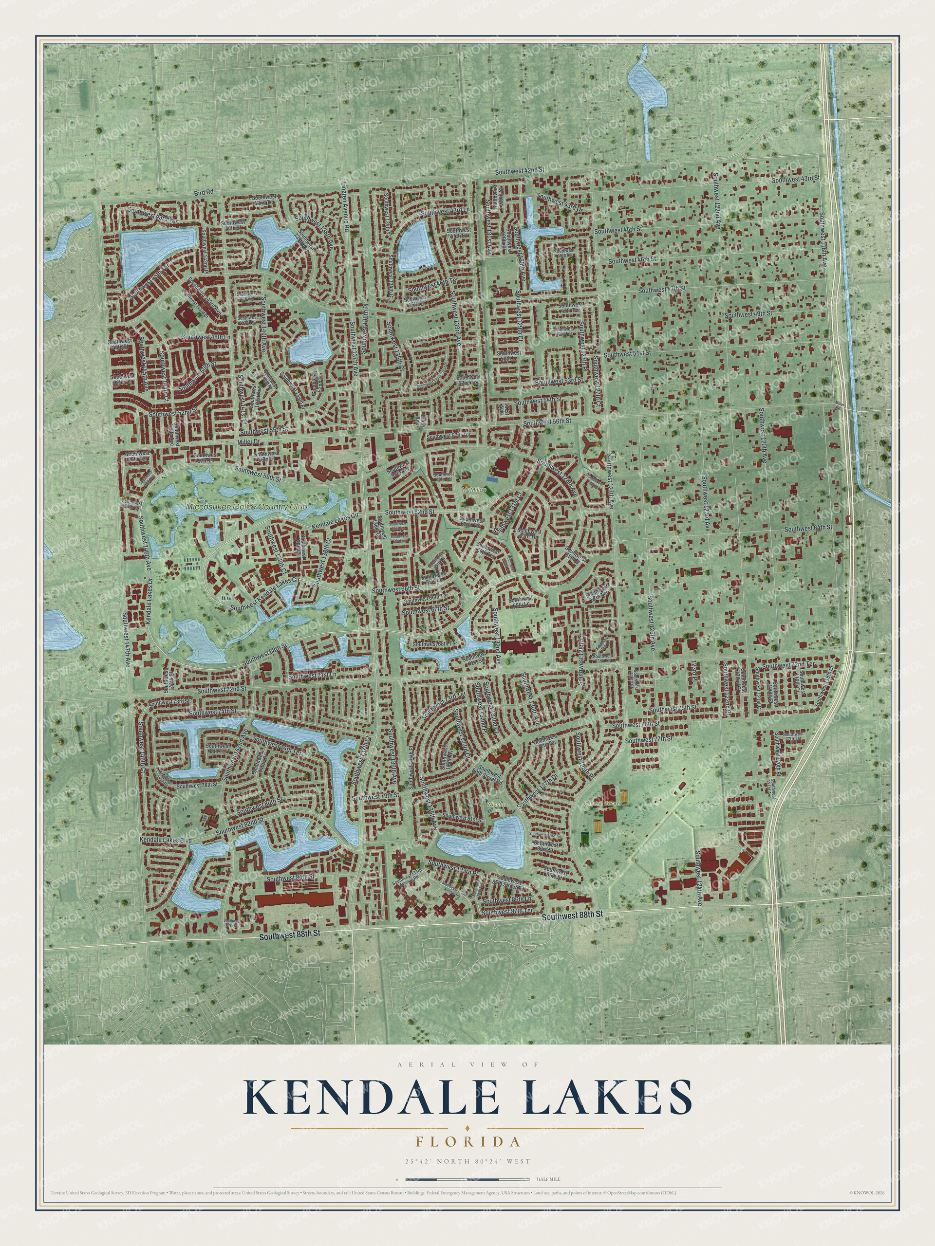 Full map of Kendale Lakes, Florida, with red buildings, printed street names and the land around them