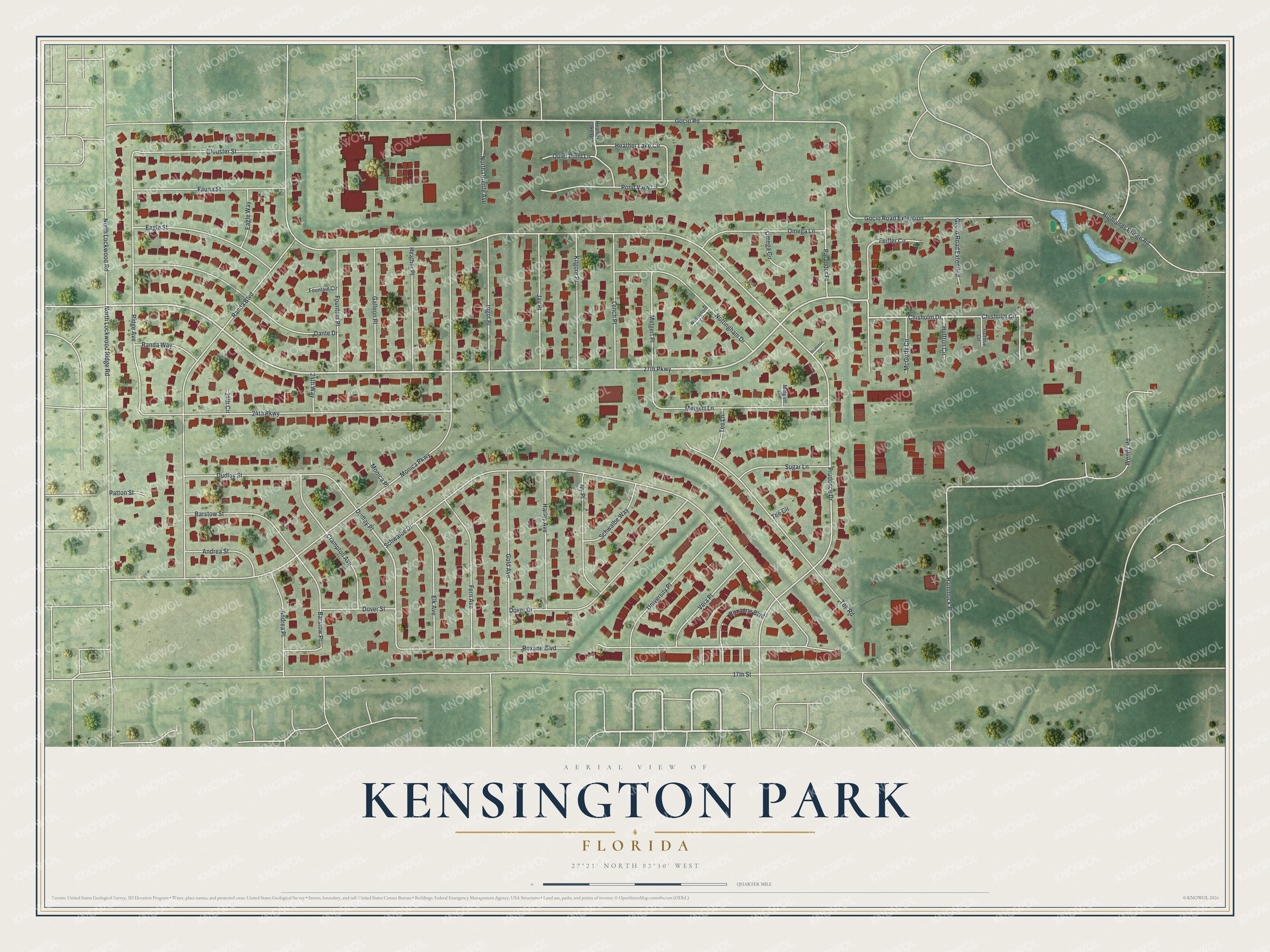 Full map of Kensington Park, Florida, with red buildings, printed street names and the land around them