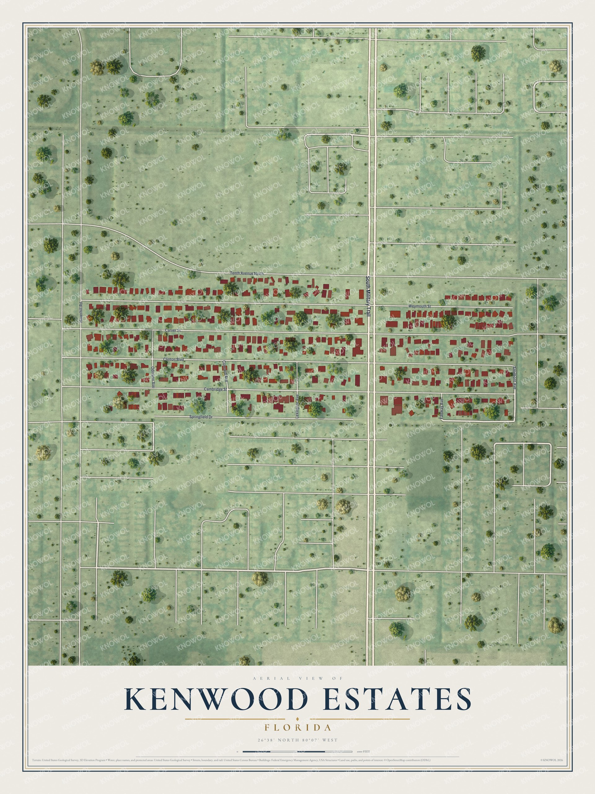 Full map of Kenwood Estates, Florida, with red buildings, printed street names and the land around them