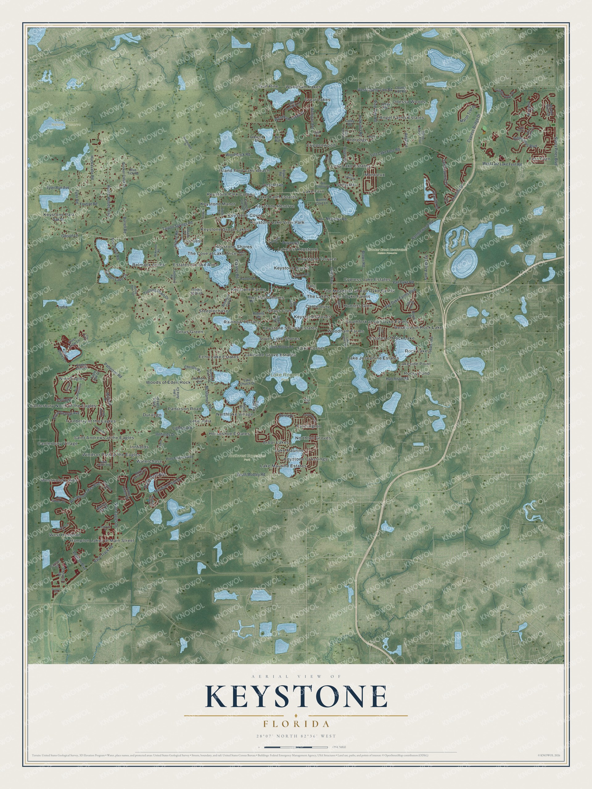 Full map of Keystone, Florida, with red buildings, printed street names and the land around them